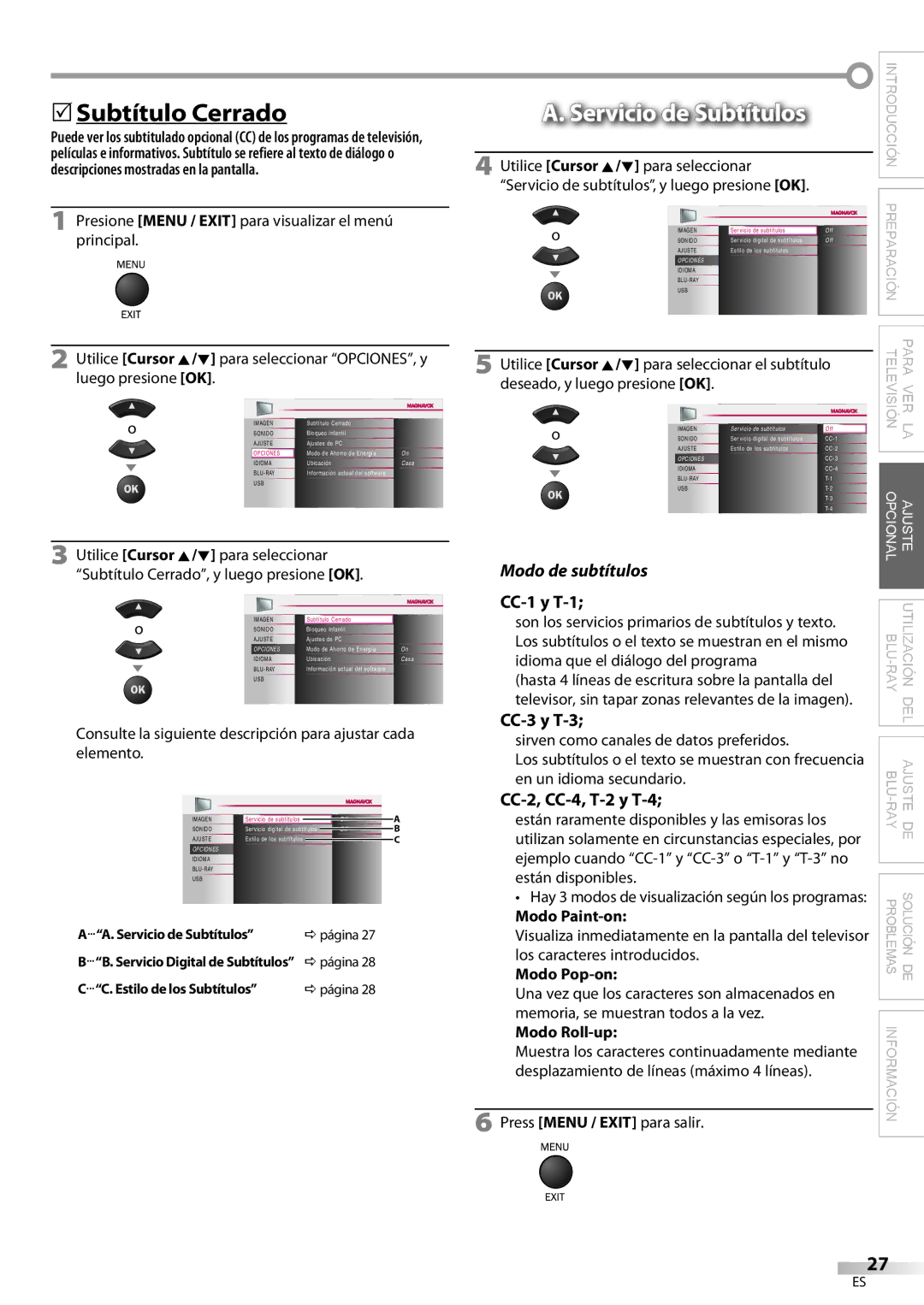 Philips 42MD459B user manual  Subtítulo Cerrado, Modo de subtítulos, CC-1 y T-1, CC-3 y T-3 