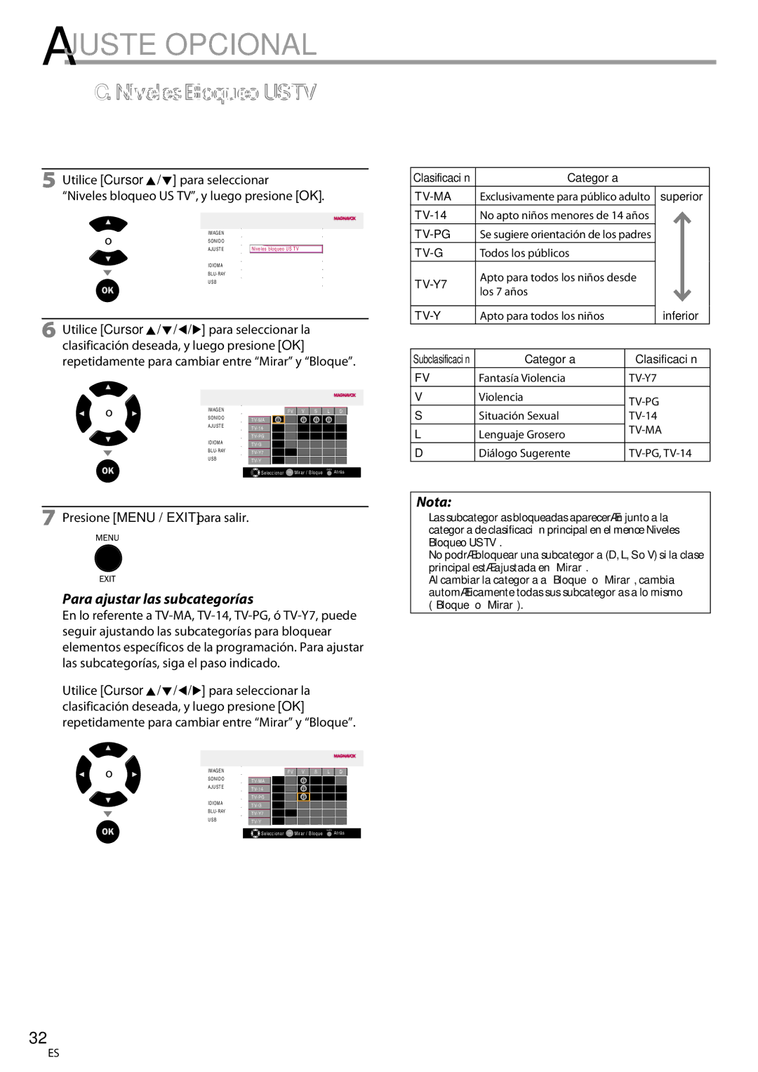 Philips 42MD459B user manual Niveles Bloqueo US TV, Para ajustar las subcategorías, TV-14, Categoría Clasificación 