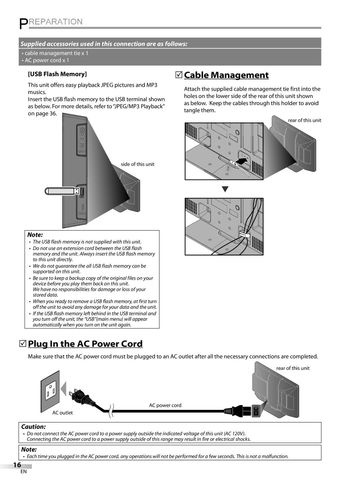 Philips 42MD459B user manual 5Plug In the AC Power Cord, USB Flash Memory, Rear of this unit Side of this unit 