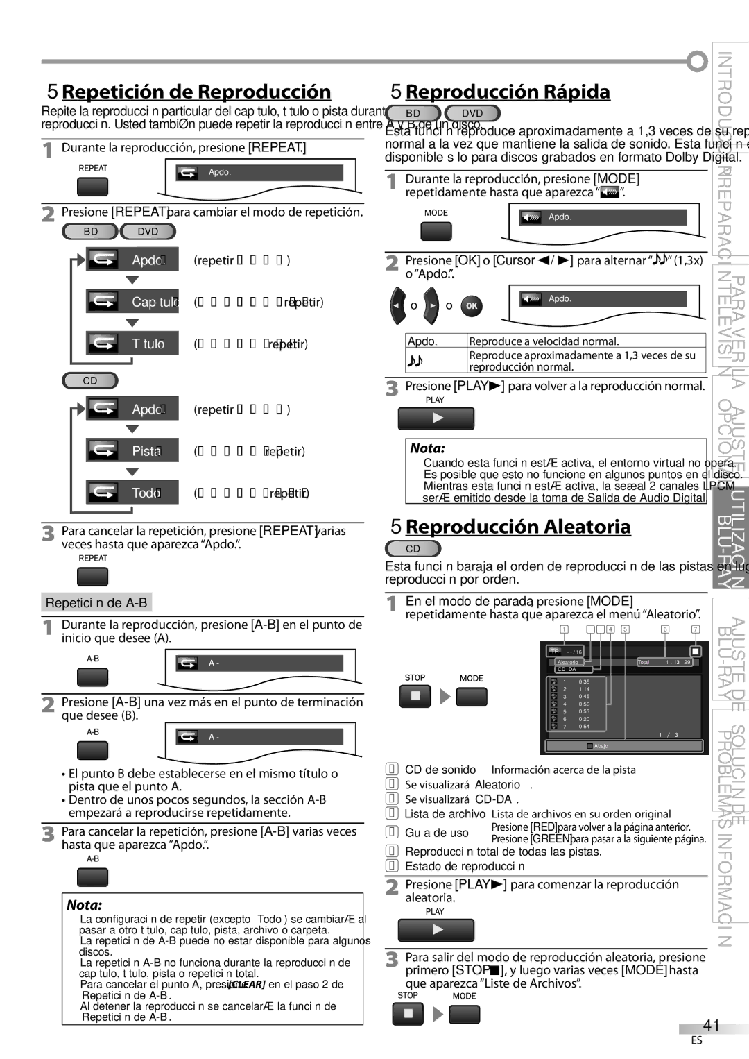 Philips 42MD459B user manual  Repetición de Reproducción, Reproducción Aleatoria 