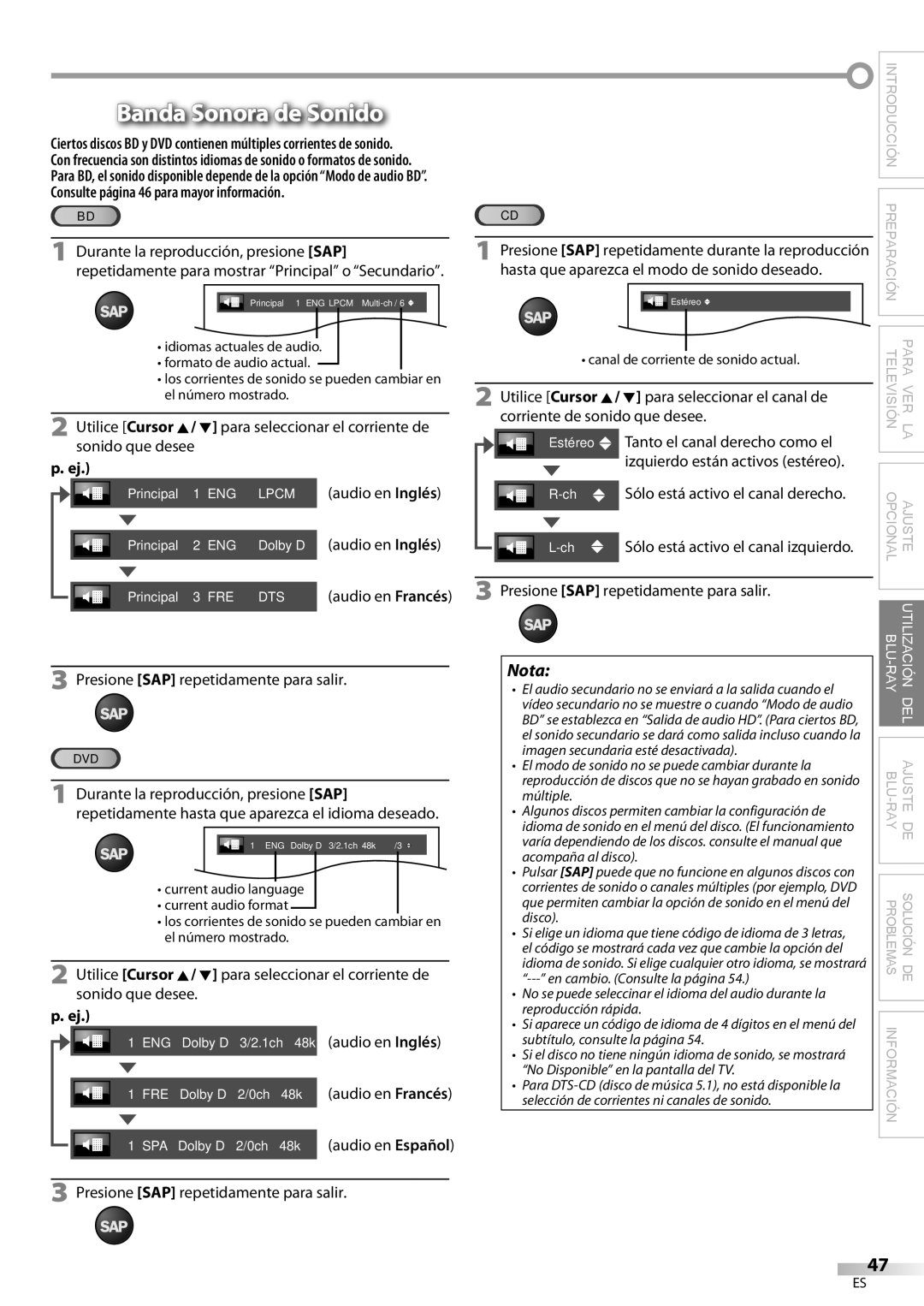 Philips 42MD459B user manual Banda Sonora de Sonido, Presione SAP repetidamente para salir 