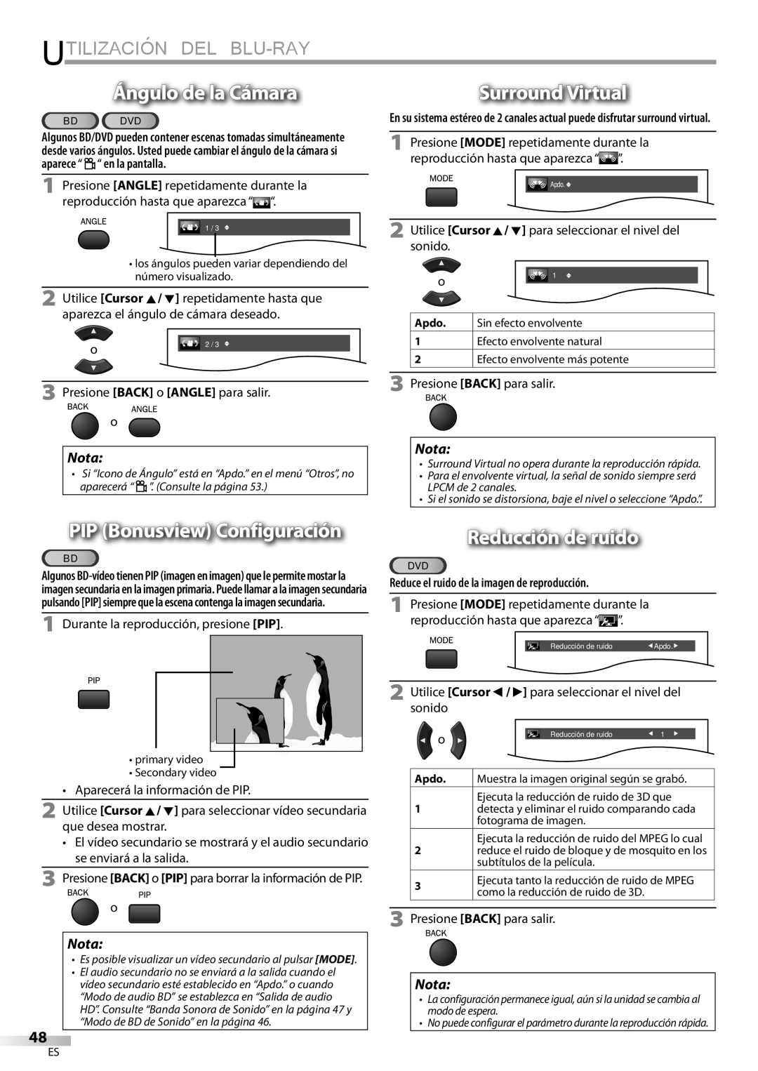 Philips 42MD459B user manual Ángulo de la Cámara, Surround Virtual, PIP Bonusview Configuración, Reducción de ruido 