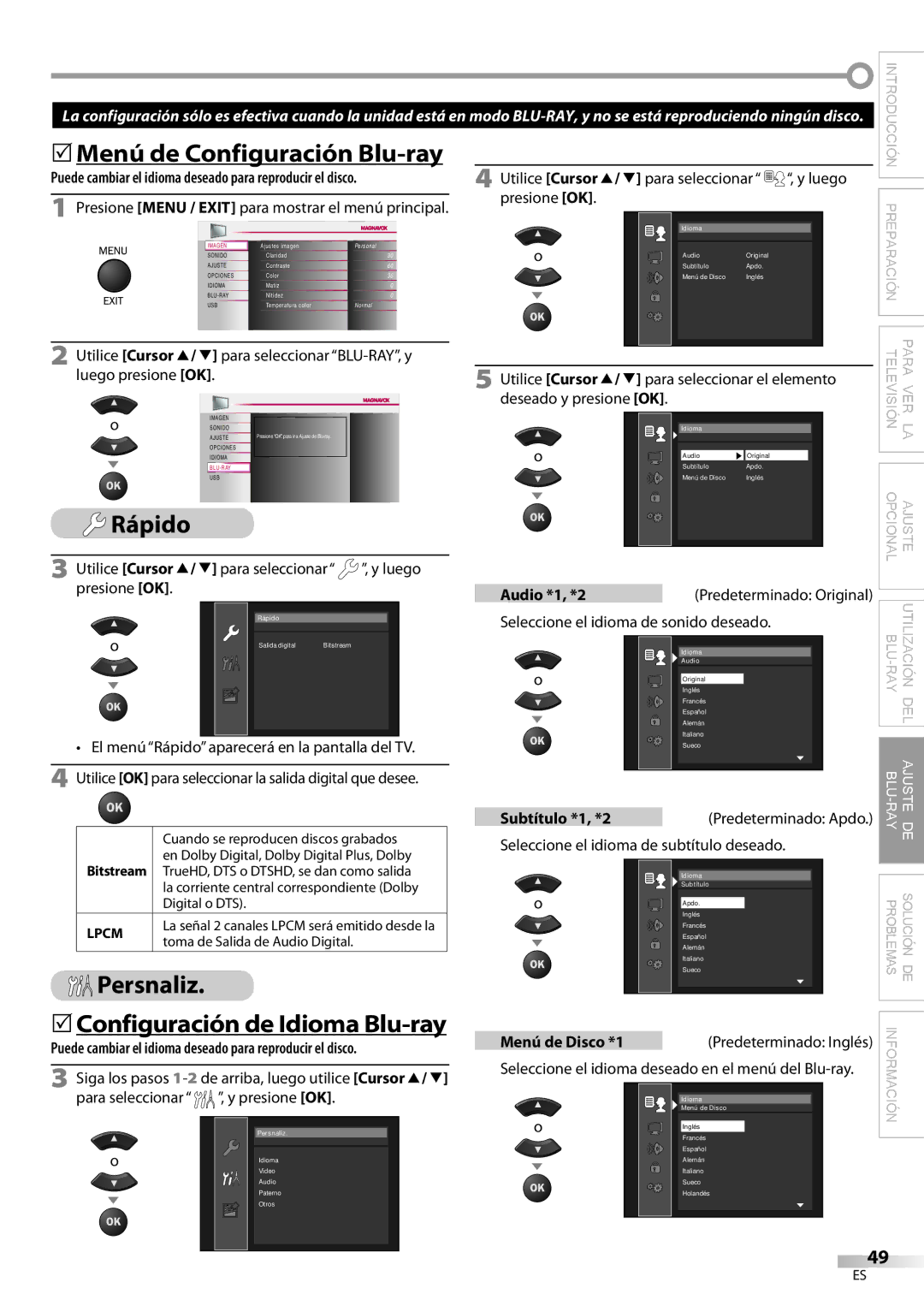 Philips 42MD459B user manual  Menú de Configuración Blu-ray, Rápido, Persnaliz  Configuración de Idioma Blu-ray 