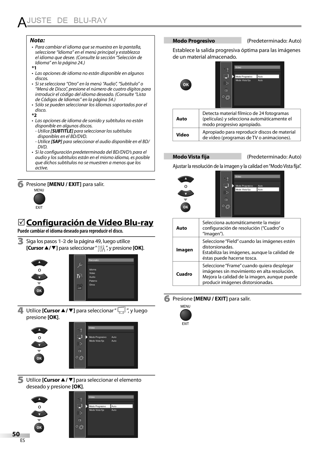 Philips 42MD459B Ajuste DE BLU-RAY,  Configuración de Vídeo Blu-ray, Modo Progresivo, Modo Vista fijaPredeterminado Auto 