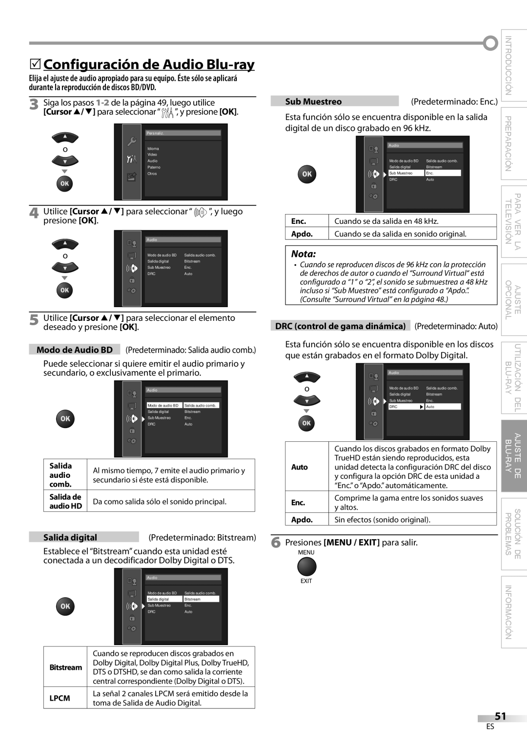 Philips 42MD459B user manual  Configuración de Audio Blu-ray, Salida digital, Sub Muestreo 