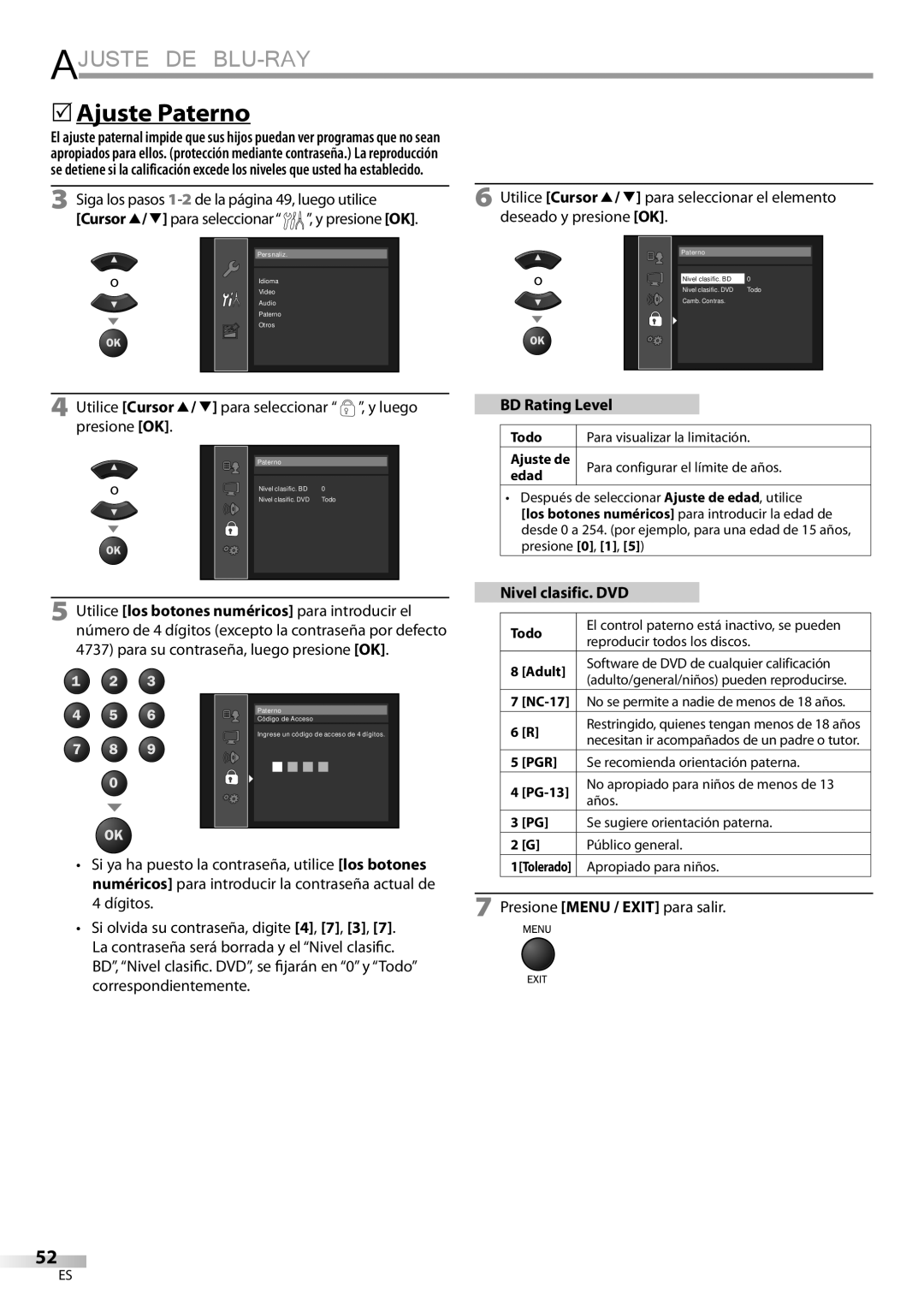 Philips 42MD459B user manual  Ajuste Paterno, Nivel clasific. DVD 