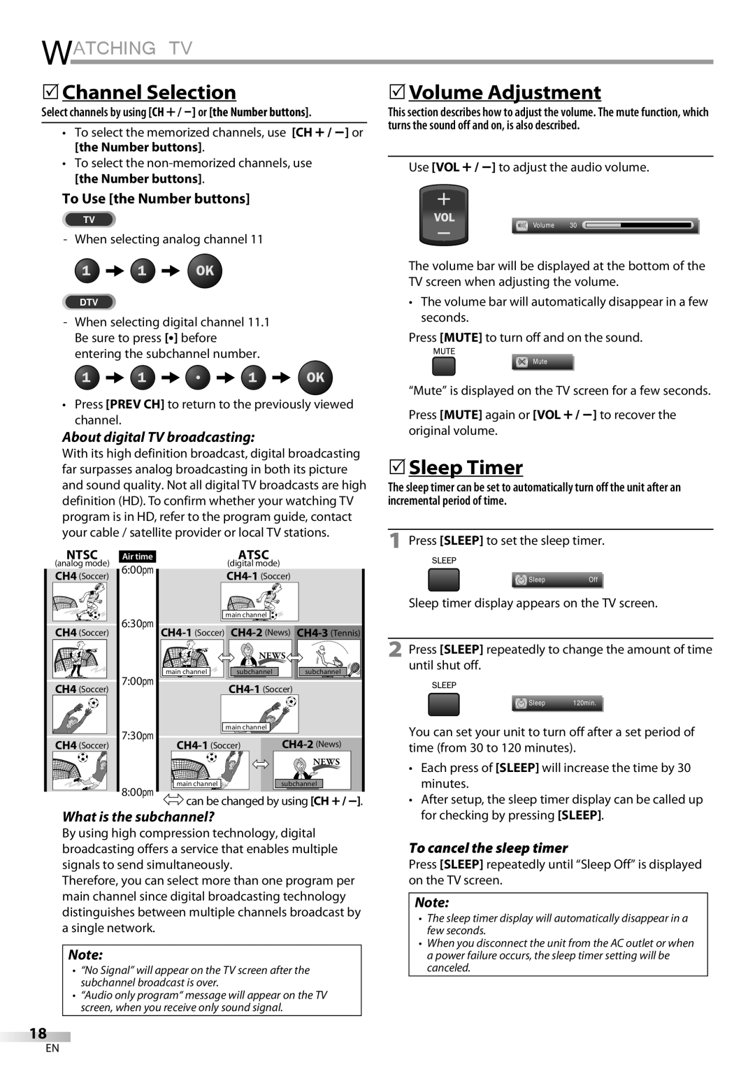 Philips 42MD459B user manual Watching TV, 5Channel Selection, 5Volume Adjustment, 5Sleep Timer 