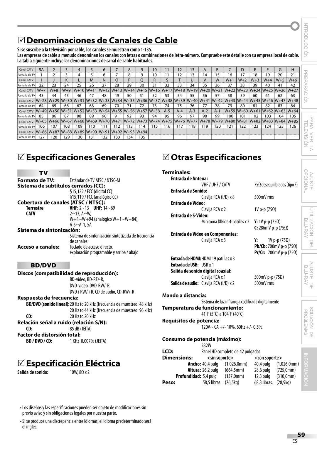 Philips 42MD459B user manual  Denominaciones de Canales de Cable,  Especificaciones Generales,  Especificación Eléctrica 