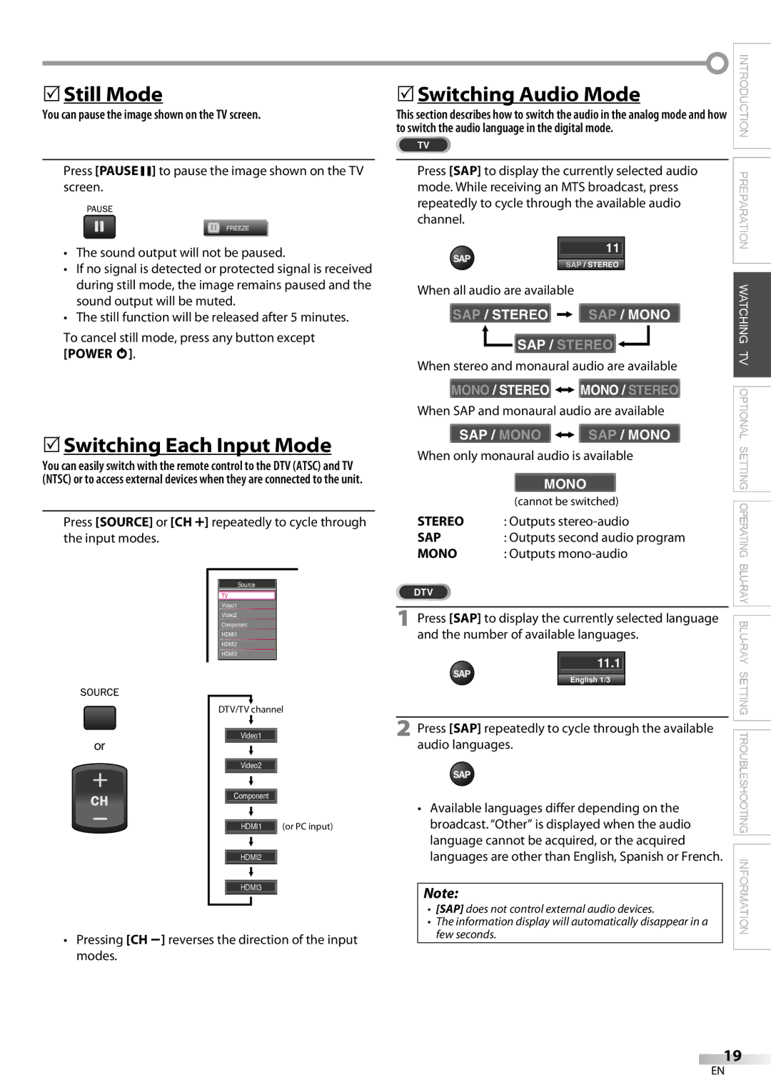 Philips 42MD459B user manual 5Still Mode, 5Switching Each Input Mode, 5Switching Audio Mode 