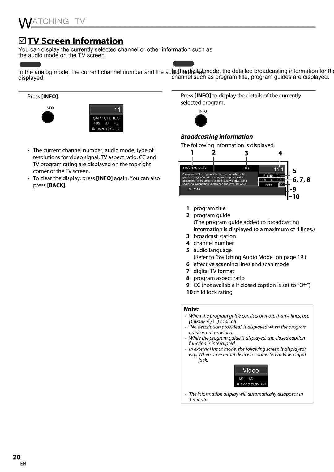 Philips 42MD459B 5TV Screen Information, Broadcasting information, Press Info, Following information is displayed 