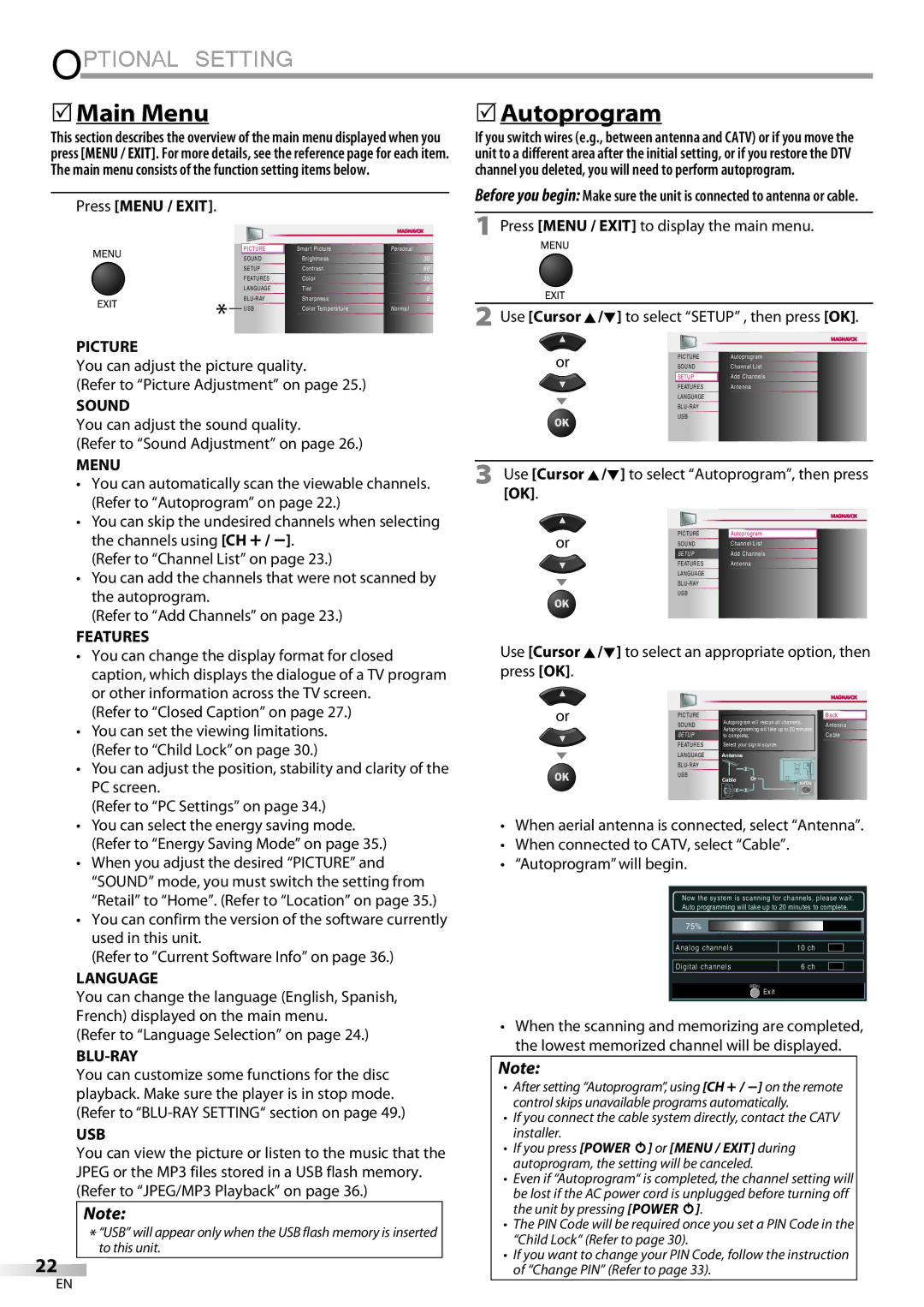 Philips 42MD459B user manual Optional Setting, 5Main Menu, Autoprogram, Press Menu / Exit 