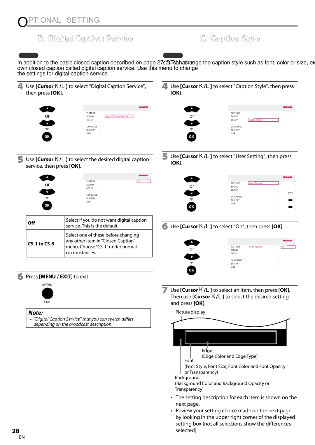 Philips 42MD459B user manual To select Digital Caption Service, Use Cursor K/L to select User Setting, then press OK 