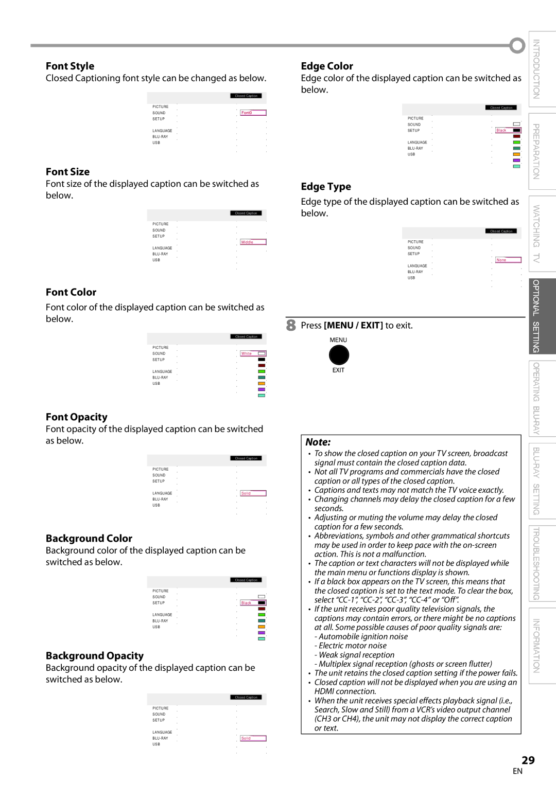 Philips 42MD459B user manual Font Style, Font Size, Font Color, Font Opacity, Background Color, Background Opacity 