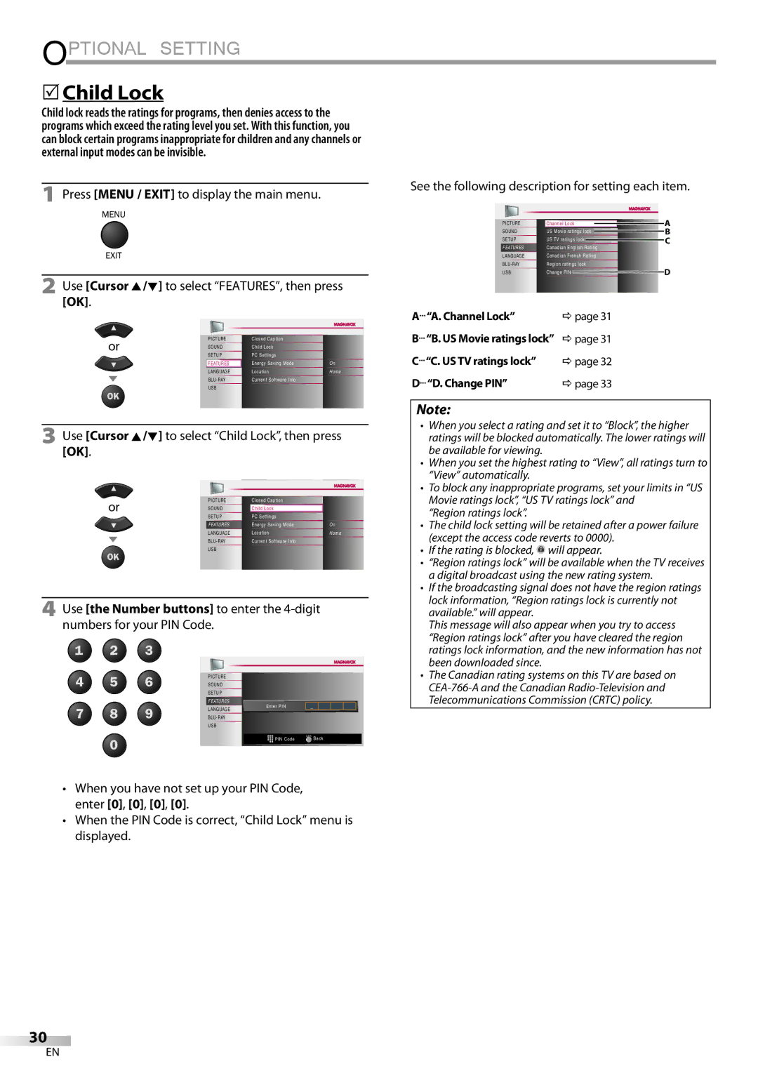 Philips 42MD459B 5Child Lock, Use Cursor K/L to select Child Lock, then press OK, Channel Lock, Dpage, Change PIN 