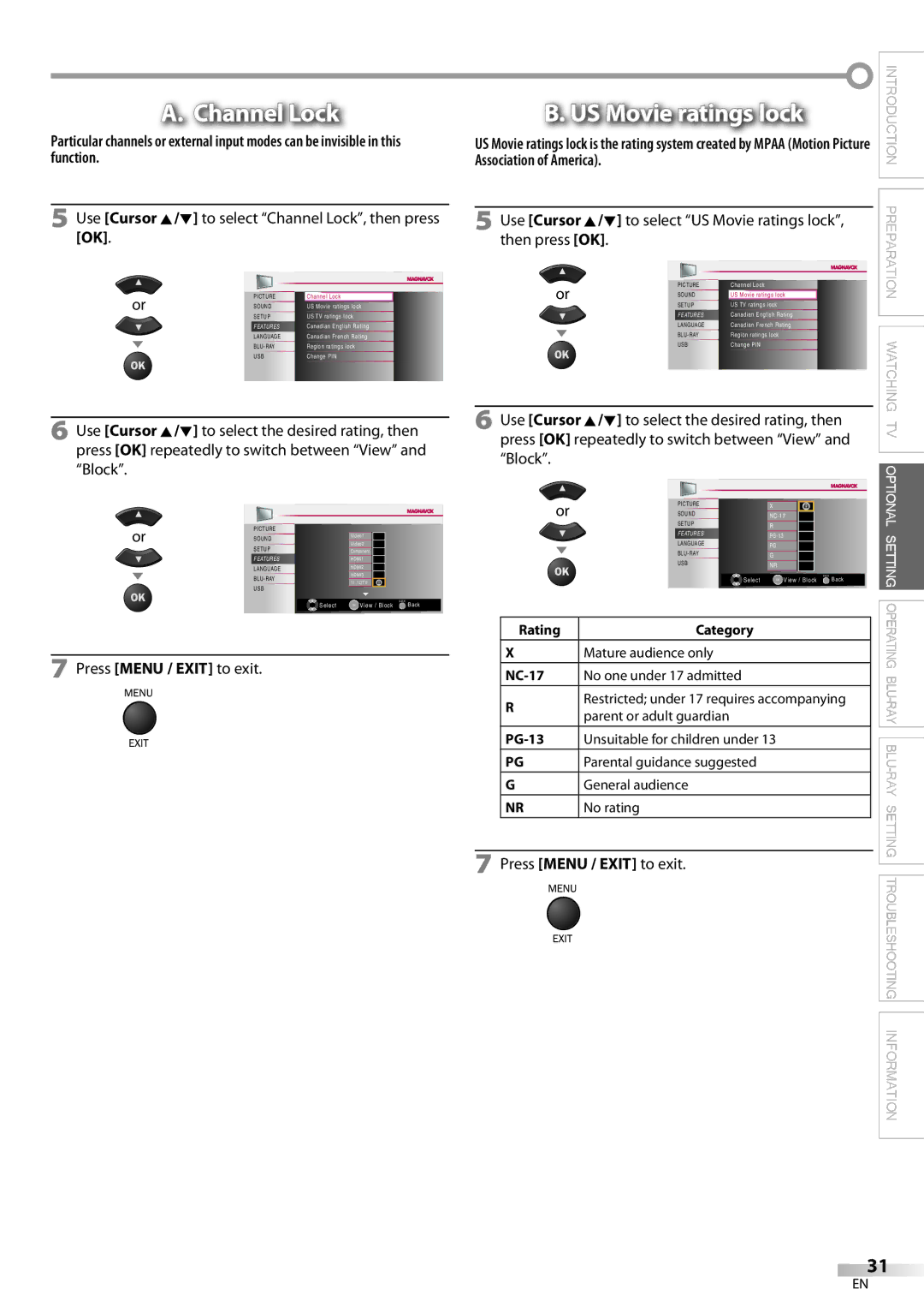 Philips 42MD459B user manual US Movie ratings lock, Use Cursor K/L to select Channel Lock, then press OK 