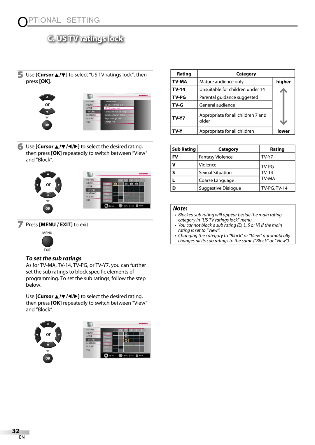 Philips 42MD459B user manual To set the sub ratings, Use Cursor K/L to select US TV ratings lock, then press OK 