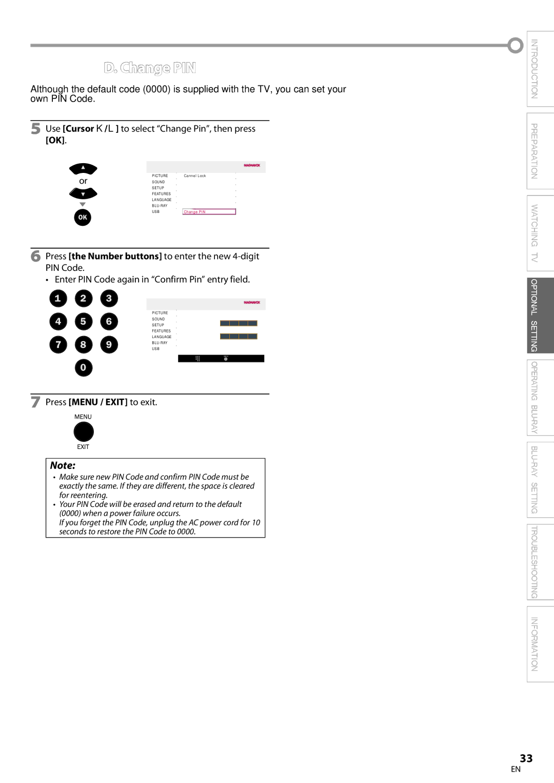 Philips 42MD459B user manual Change PIN, Use Cursor K/L to select Change Pin, then press OK 