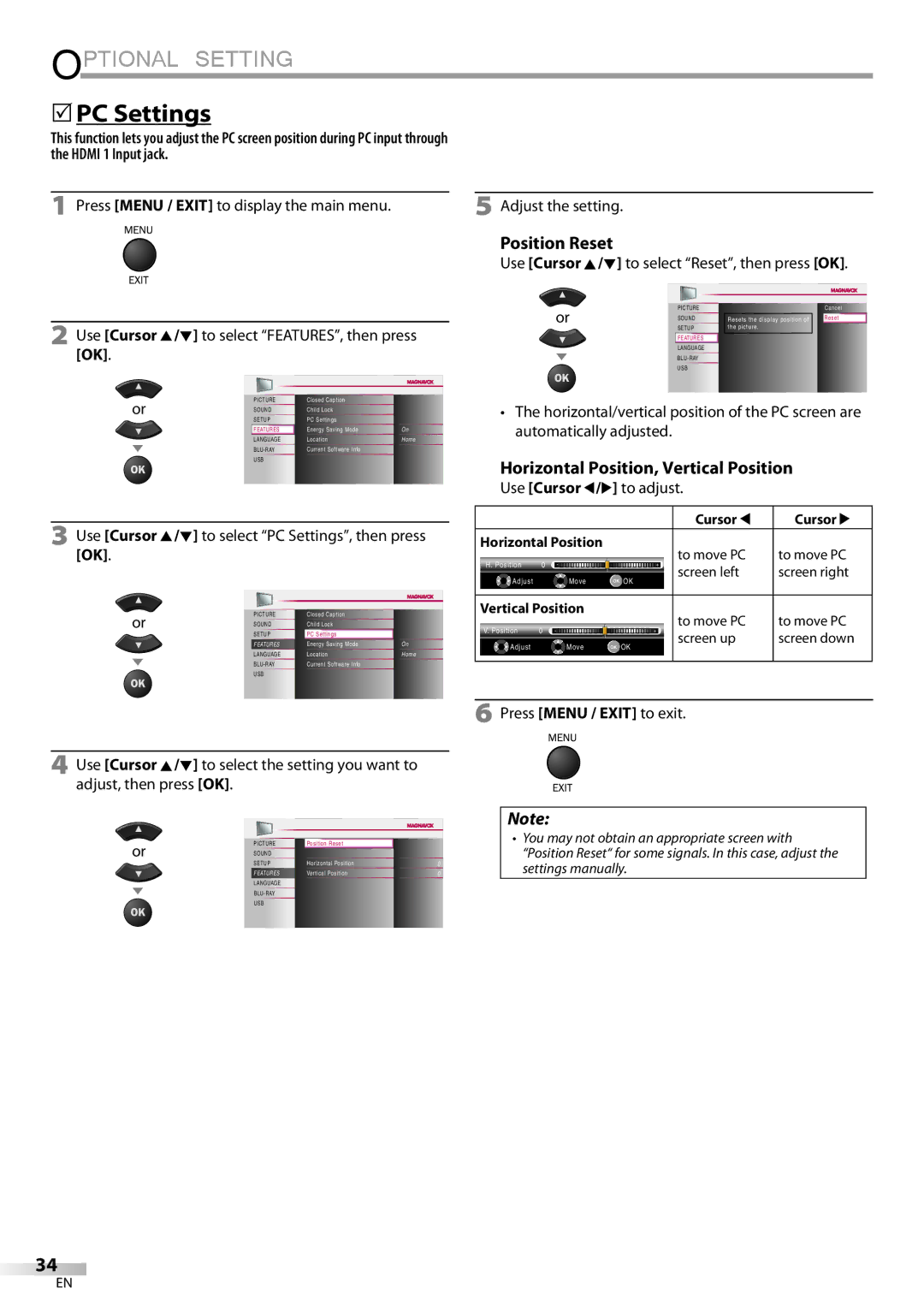 Philips 42MD459B user manual 5PC Settings, Position Reset, Horizontal Position, Vertical Position, Use Cursor s/B to adjust 