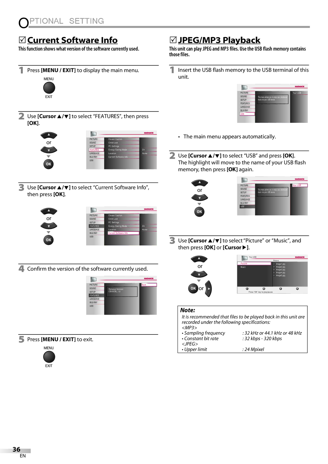 Philips 42MD459B user manual 5Current Software Info, 5JPEG/MP3 Playback, Confirm the version of the software currently used 