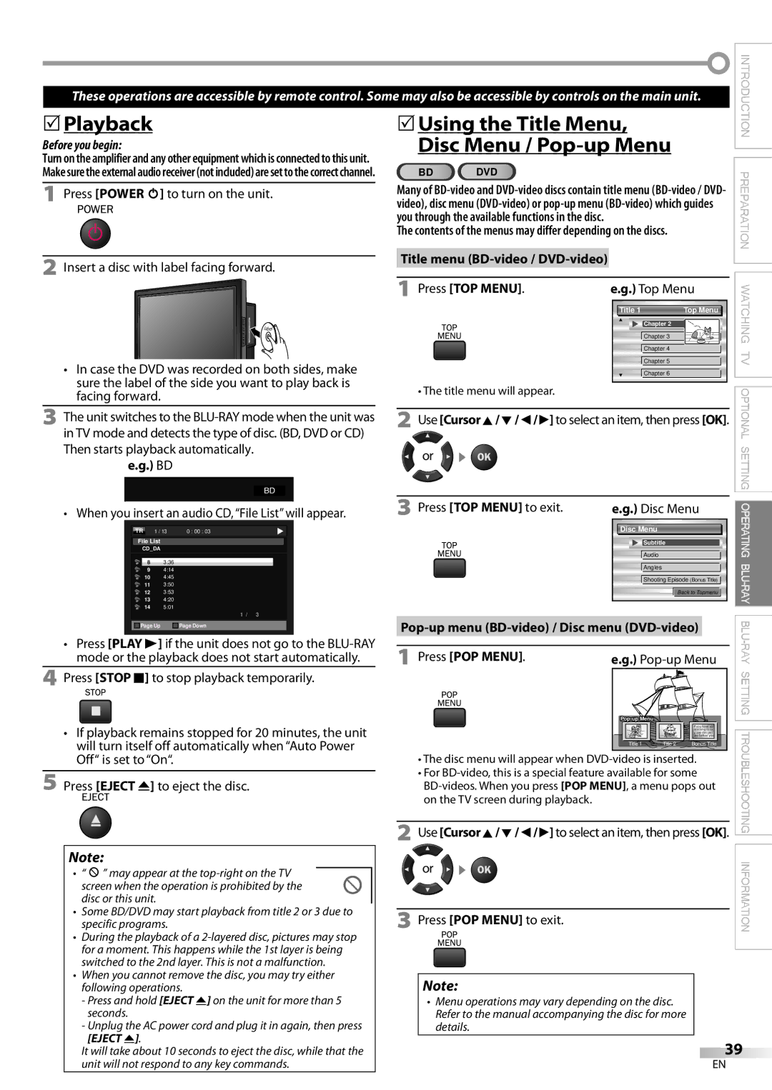 Philips 42MD459B Playback, 5Using the Title Menu Disc Menu / Pop-up Menu, Title menu BD-video / DVD-video, Press TOP Menu 