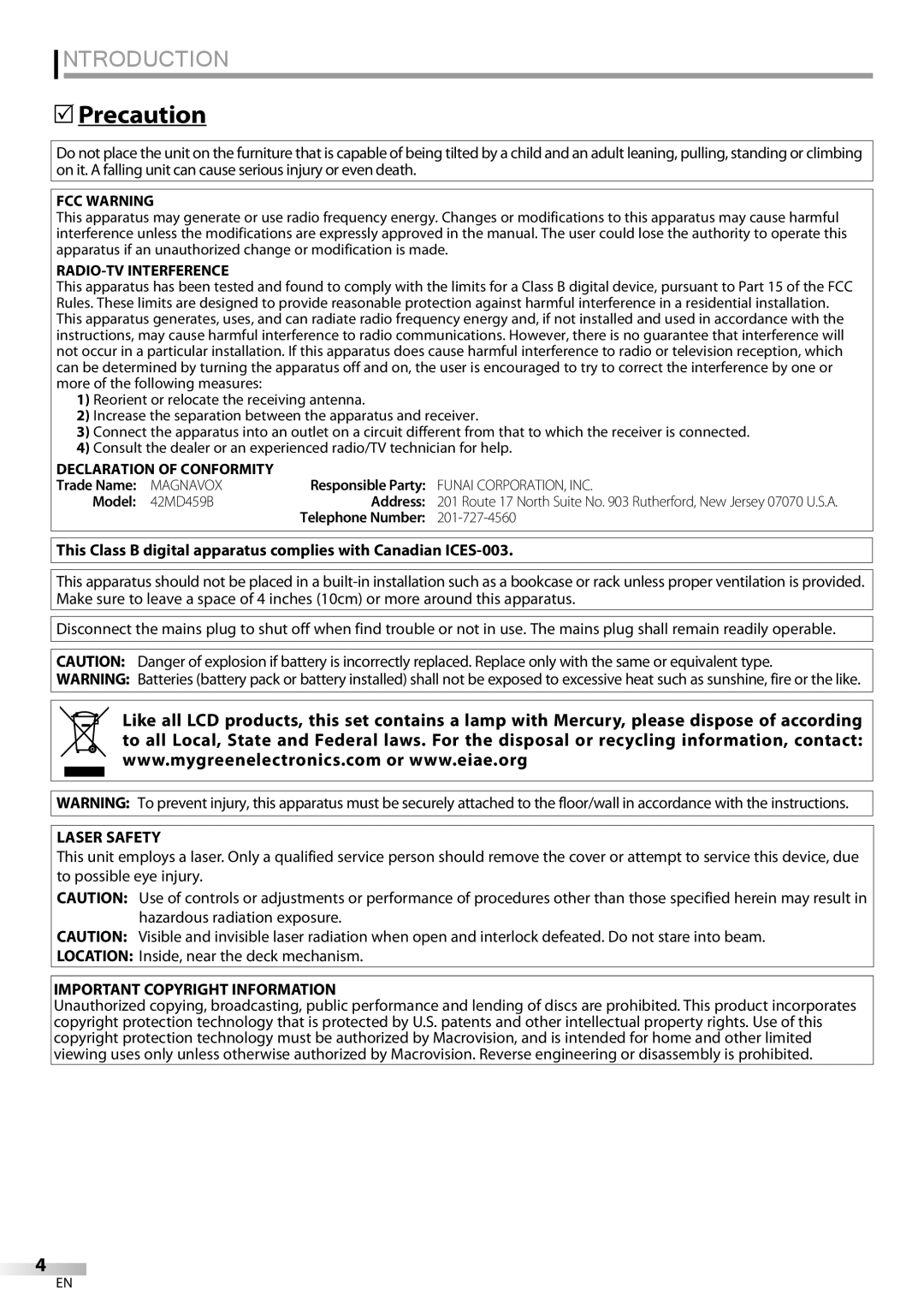 Philips 42MD459B user manual Introduction, Precaution, Model, Address 