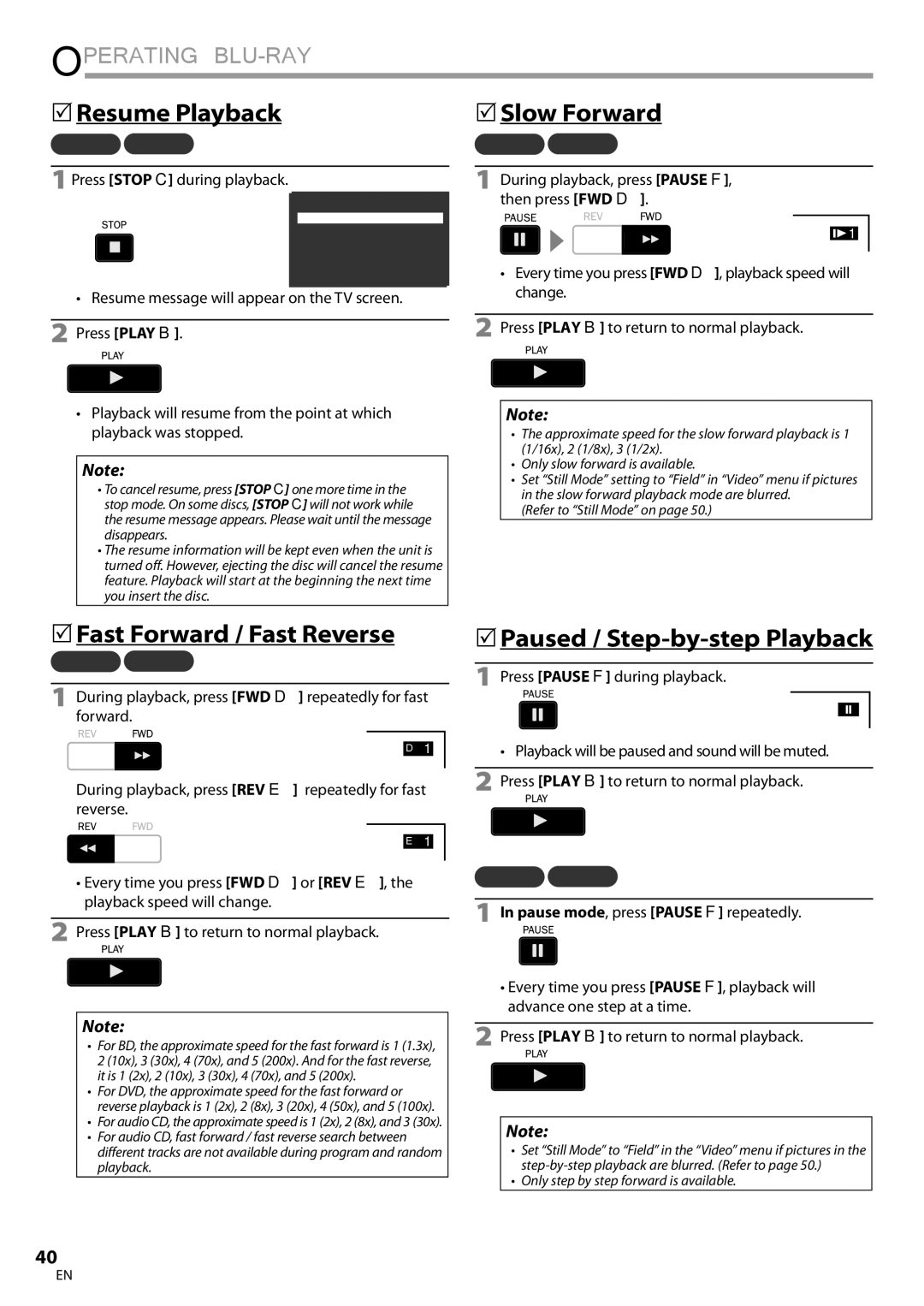 Philips 42MD459B user manual 5Resume Playback, 5Fast Forward / Fast Reverse, 5Paused / Step-by-step Playback 