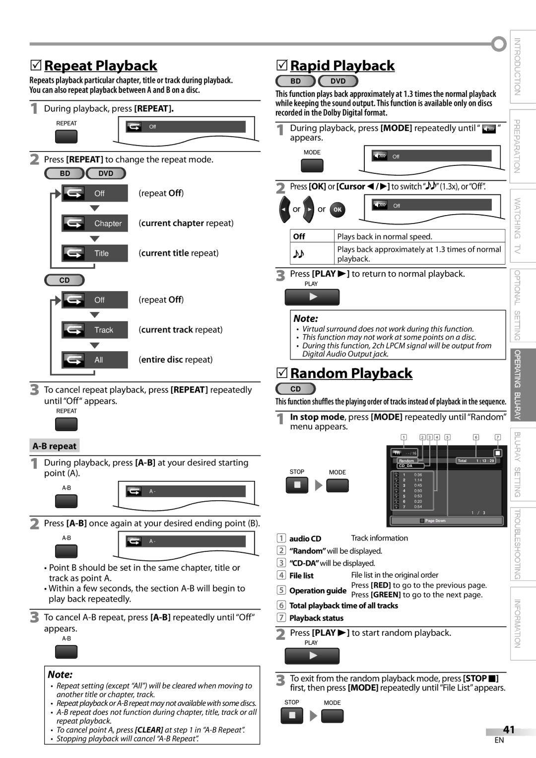 Philips 42MD459B user manual 5Repeat Playback, 5Rapid Playback, 5Random Playback 