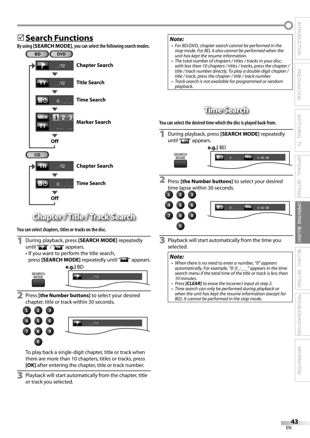 Philips 42MD459B user manual 5Search Functions, Chapter / Title / Track Search, Time Search 