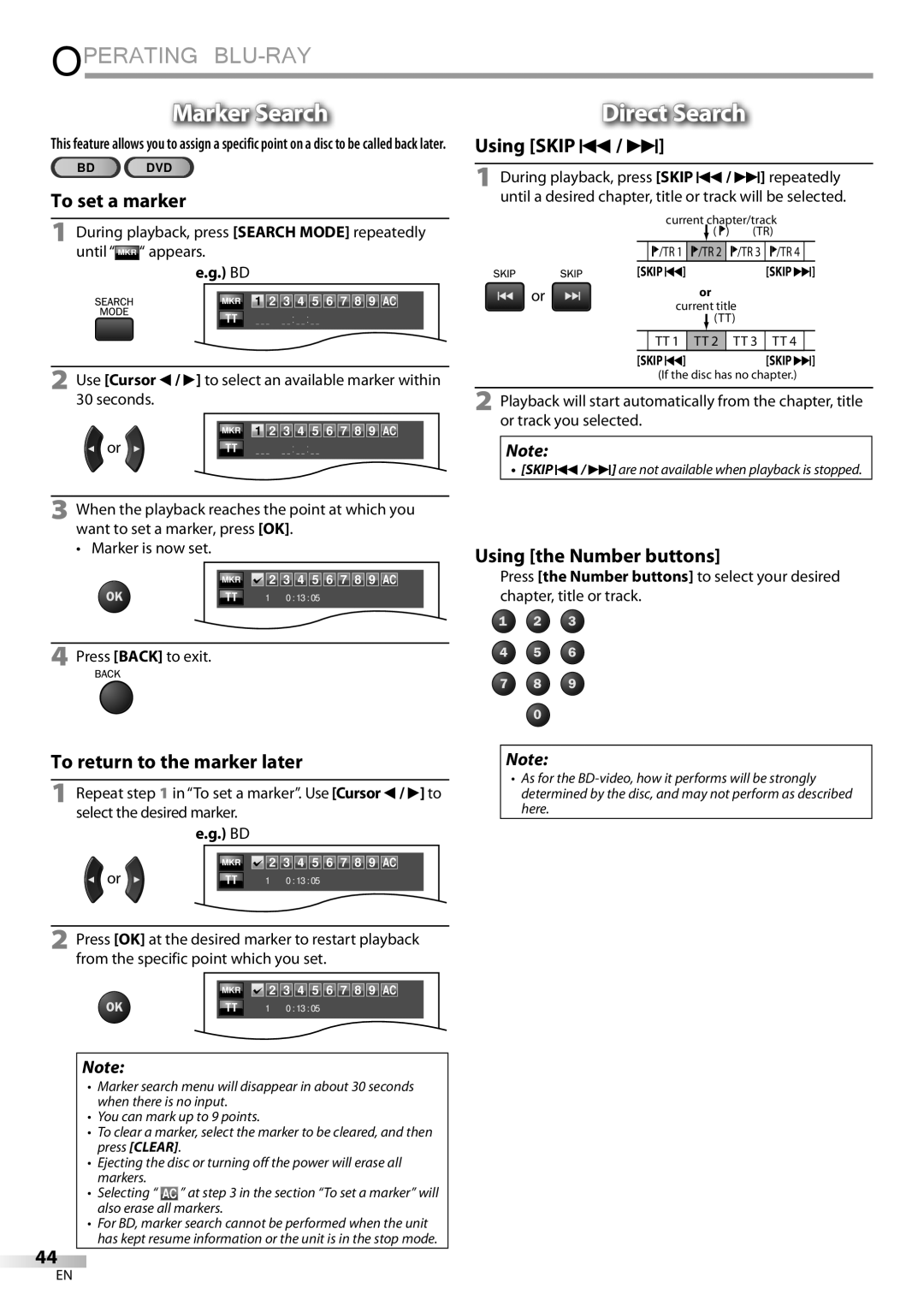 Philips 42MD459B user manual Marker Search, Direct Search, Or track you selected, Press Back to exit 