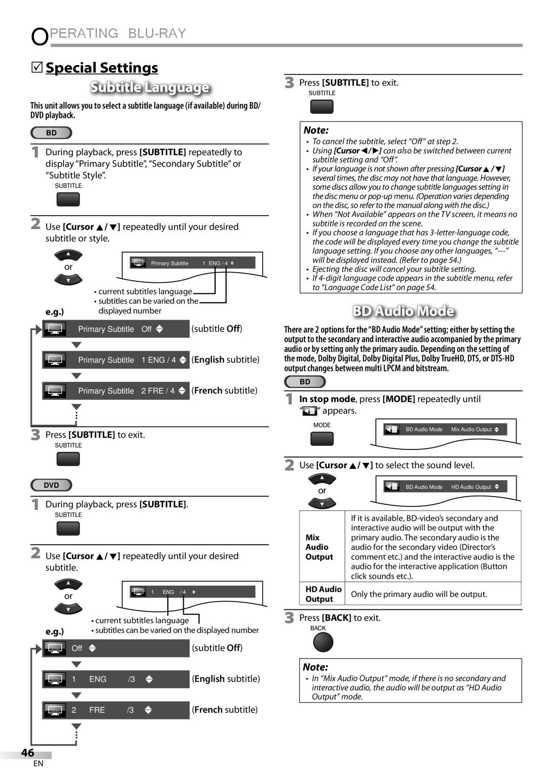 Philips 42MD459B 5Special Settings, Subtitle Language, BD Audio Mode, Stop mode, press Mode repeatedly until appears 