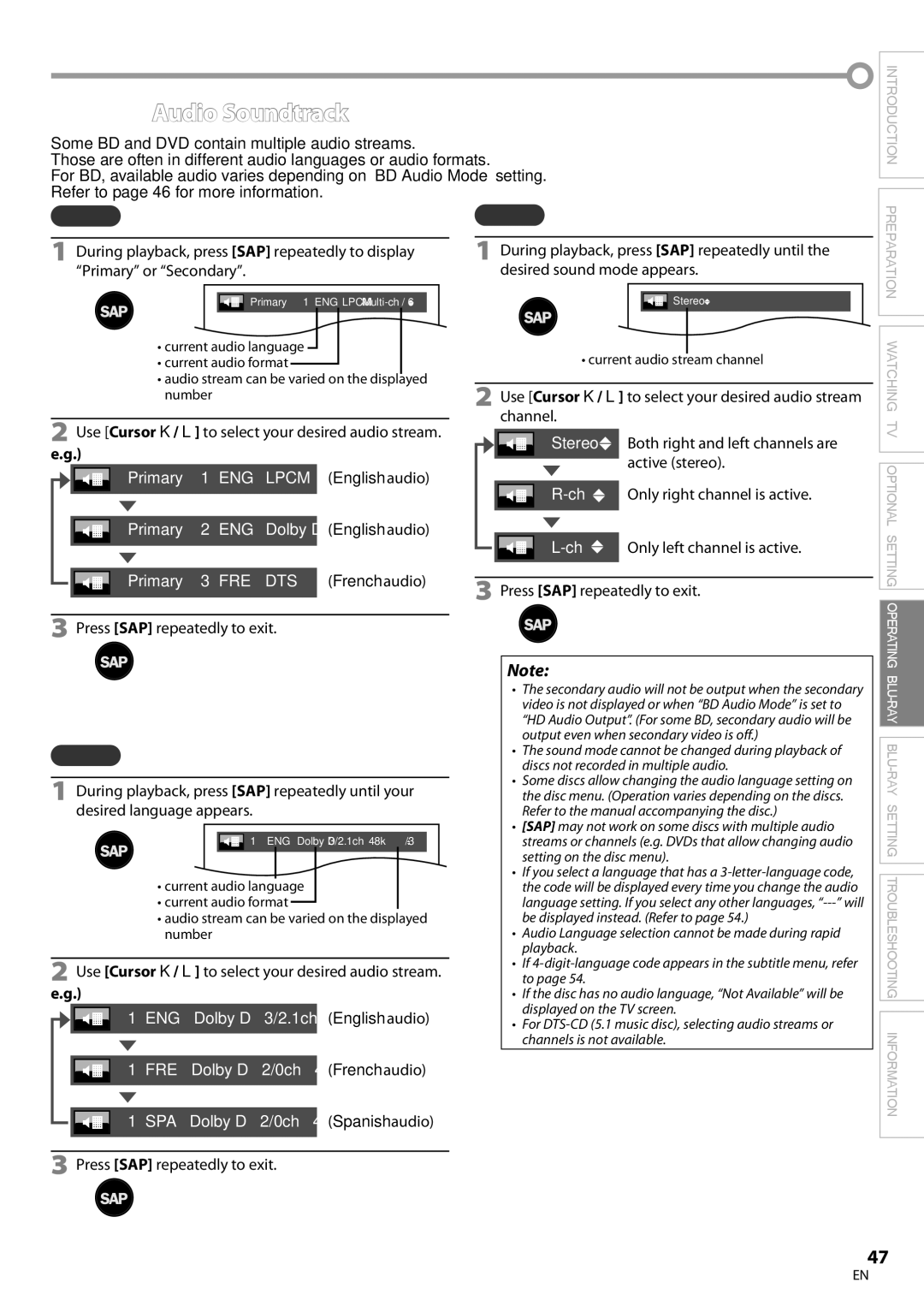 Philips 42MD459B user manual Audio Soundtrack, Some BD and DVD contain multiple audio streams 