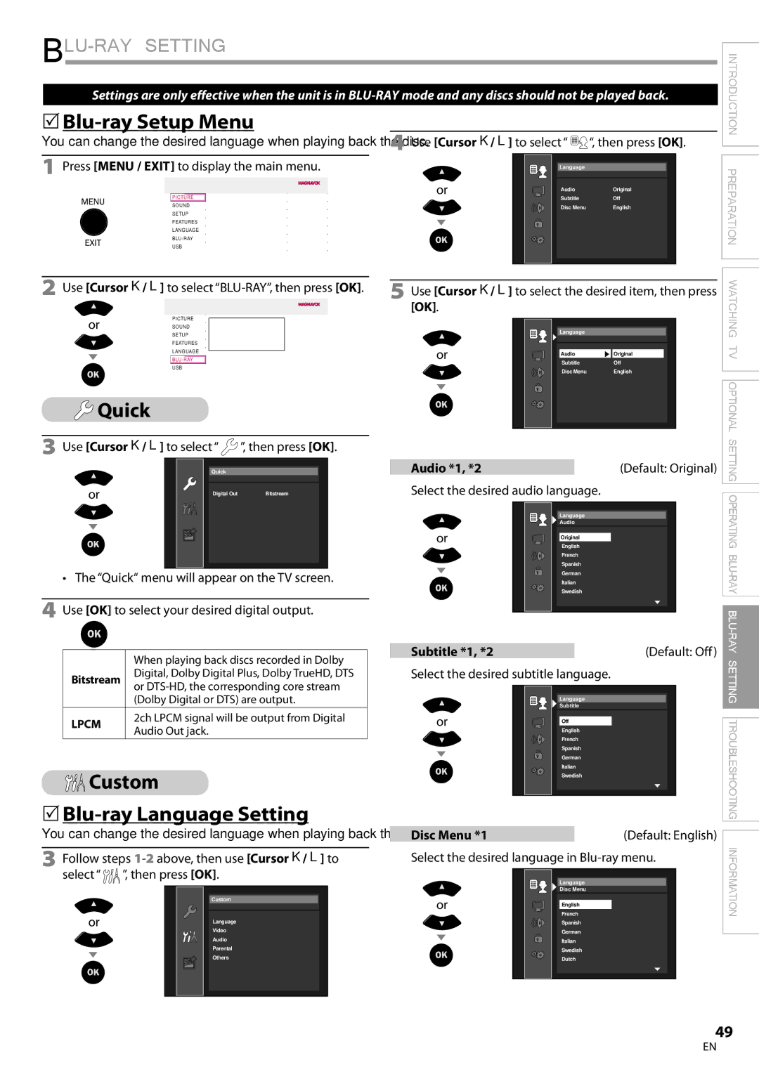 Philips 42MD459B user manual BLU-RAY Setting, 5Blu-ray Setup Menu, Quick, Custom 5Blu-ray Language Setting 