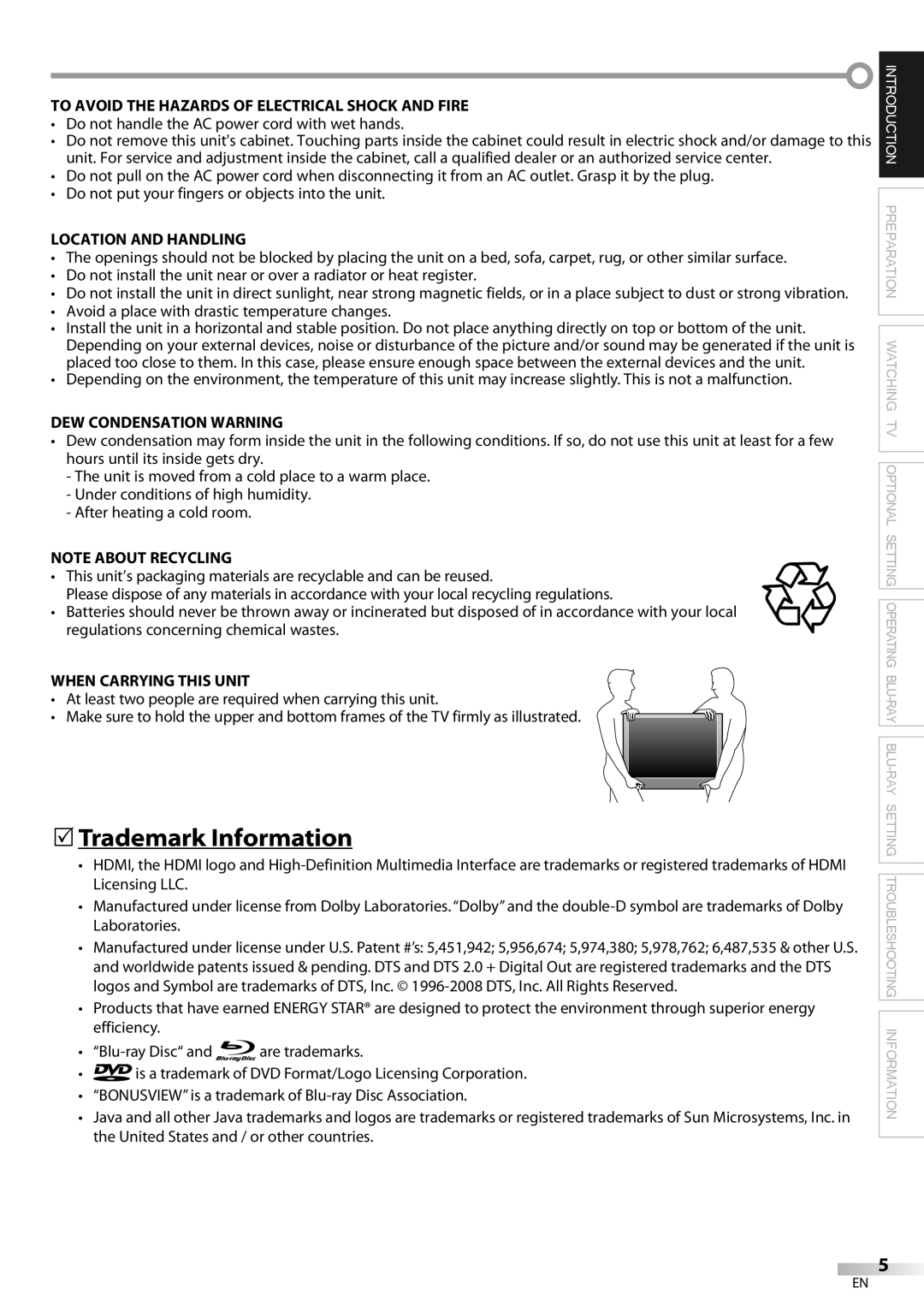 Philips 42MD459B user manual 5Trademark Information, Do not handle the AC power cord with wet hands 