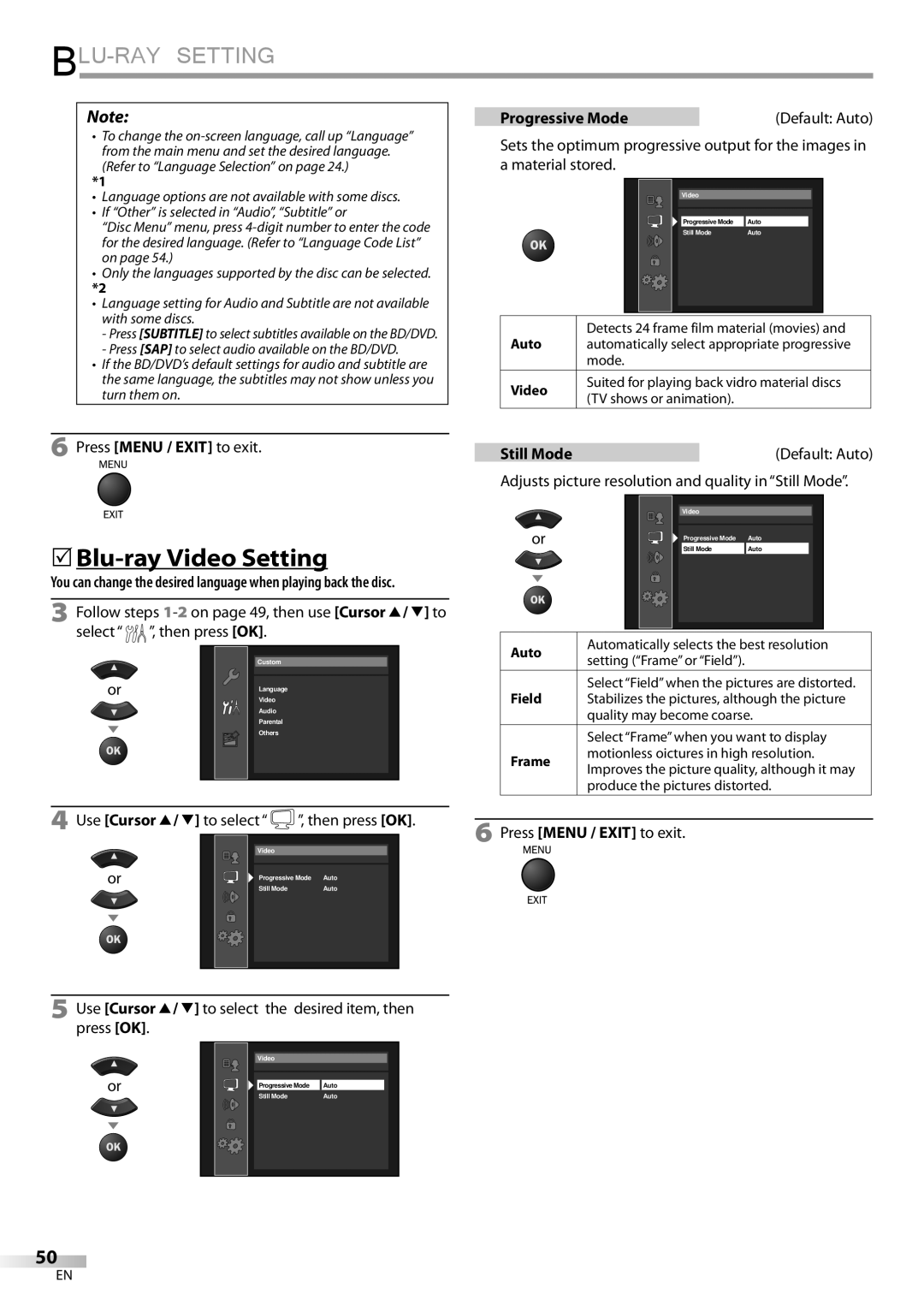 Philips 42MD459B user manual 5Blu-ray Video Setting, Progressive Mode 