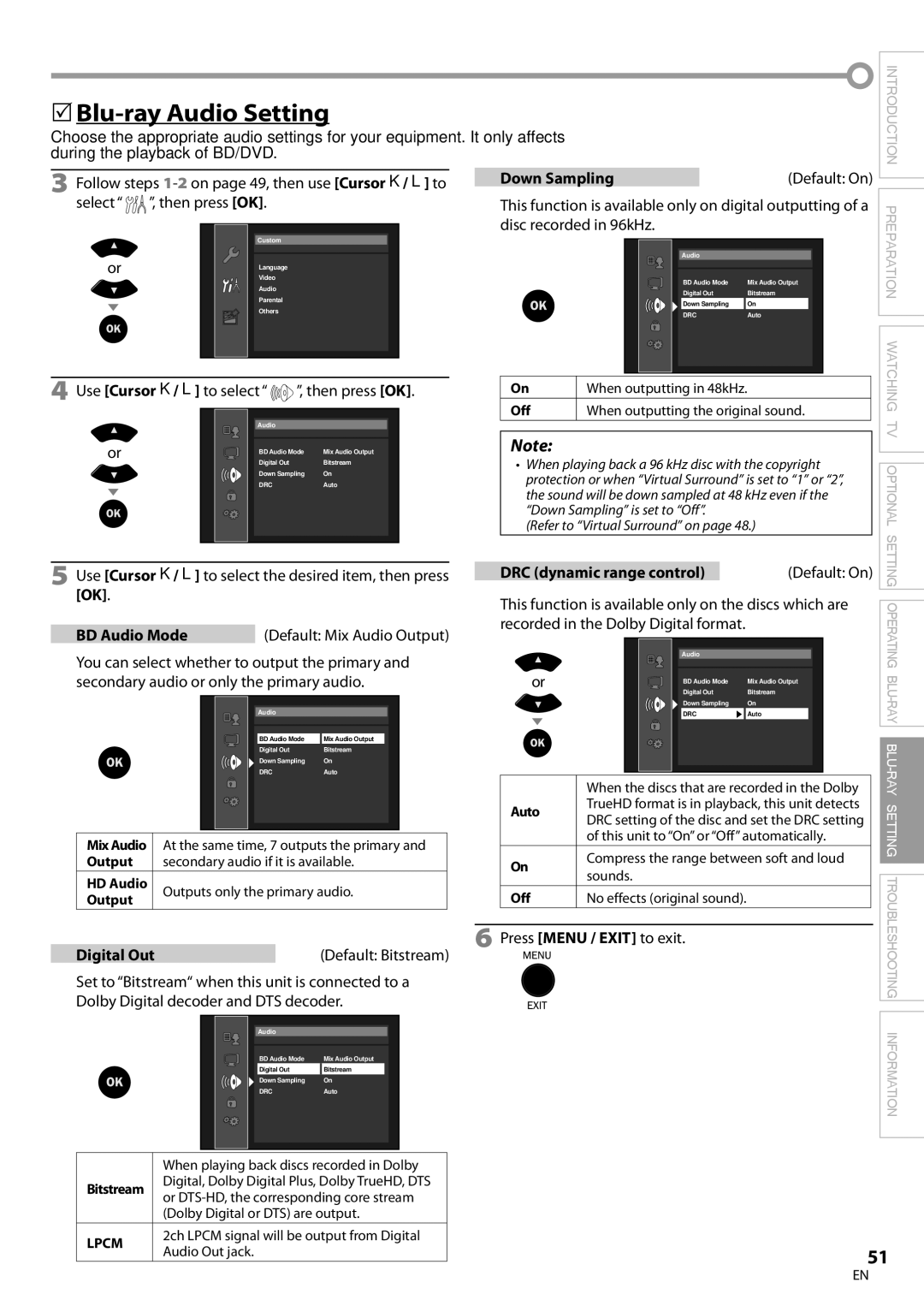 Philips 42MD459B user manual 5Blu-ray Audio Setting, BD Audio Mode, Digital Out, Down Sampling 