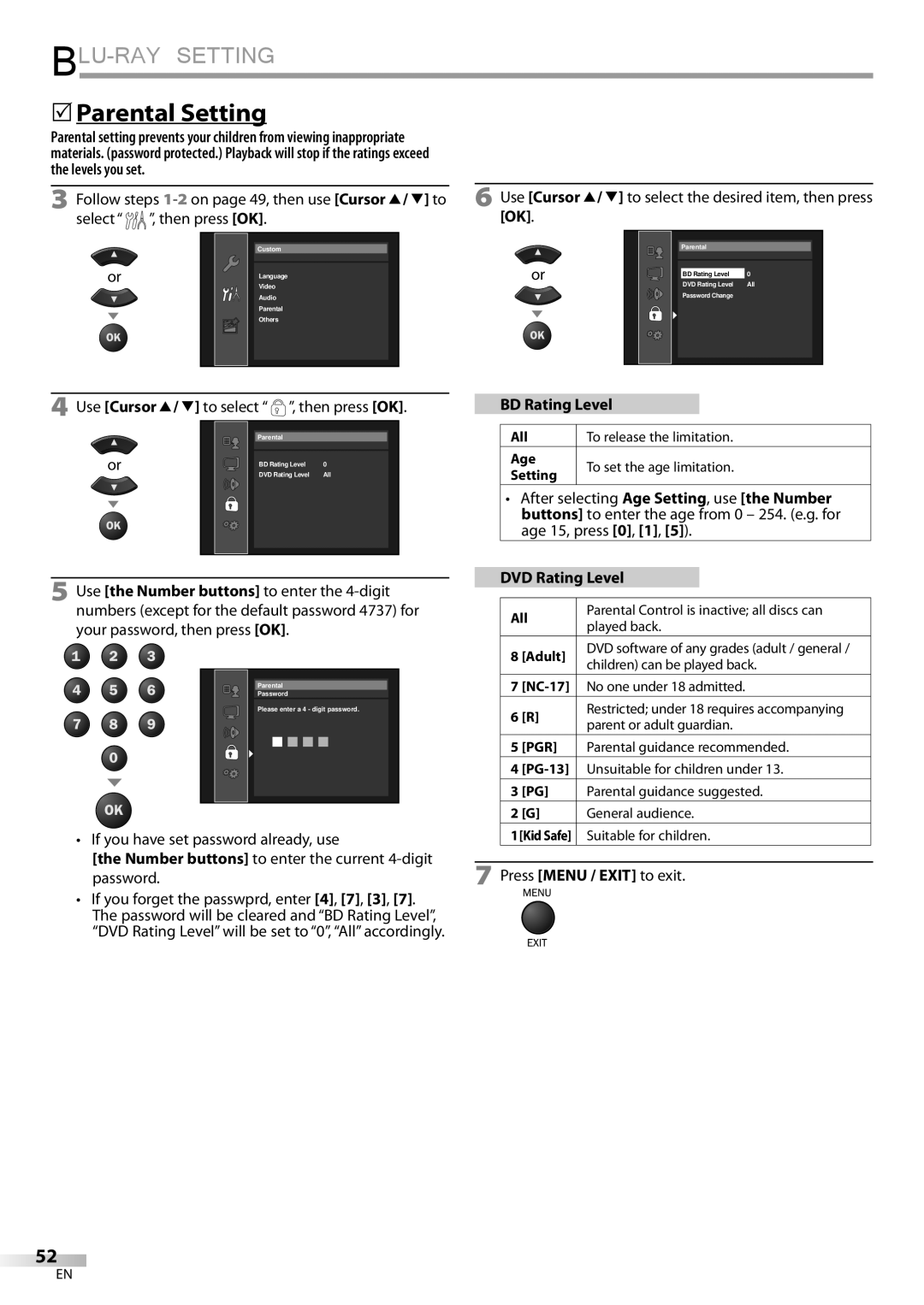 Philips 42MD459B user manual 5Parental Setting, BD Rating Level, If you have set password already, use 