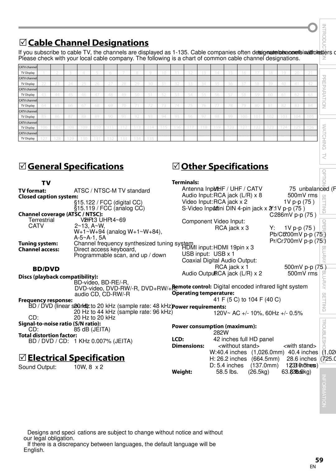 Philips 42MD459B 5Cable Channel Designations, 5General Specifications, 5Electrical Specification, 5Other Specifications 