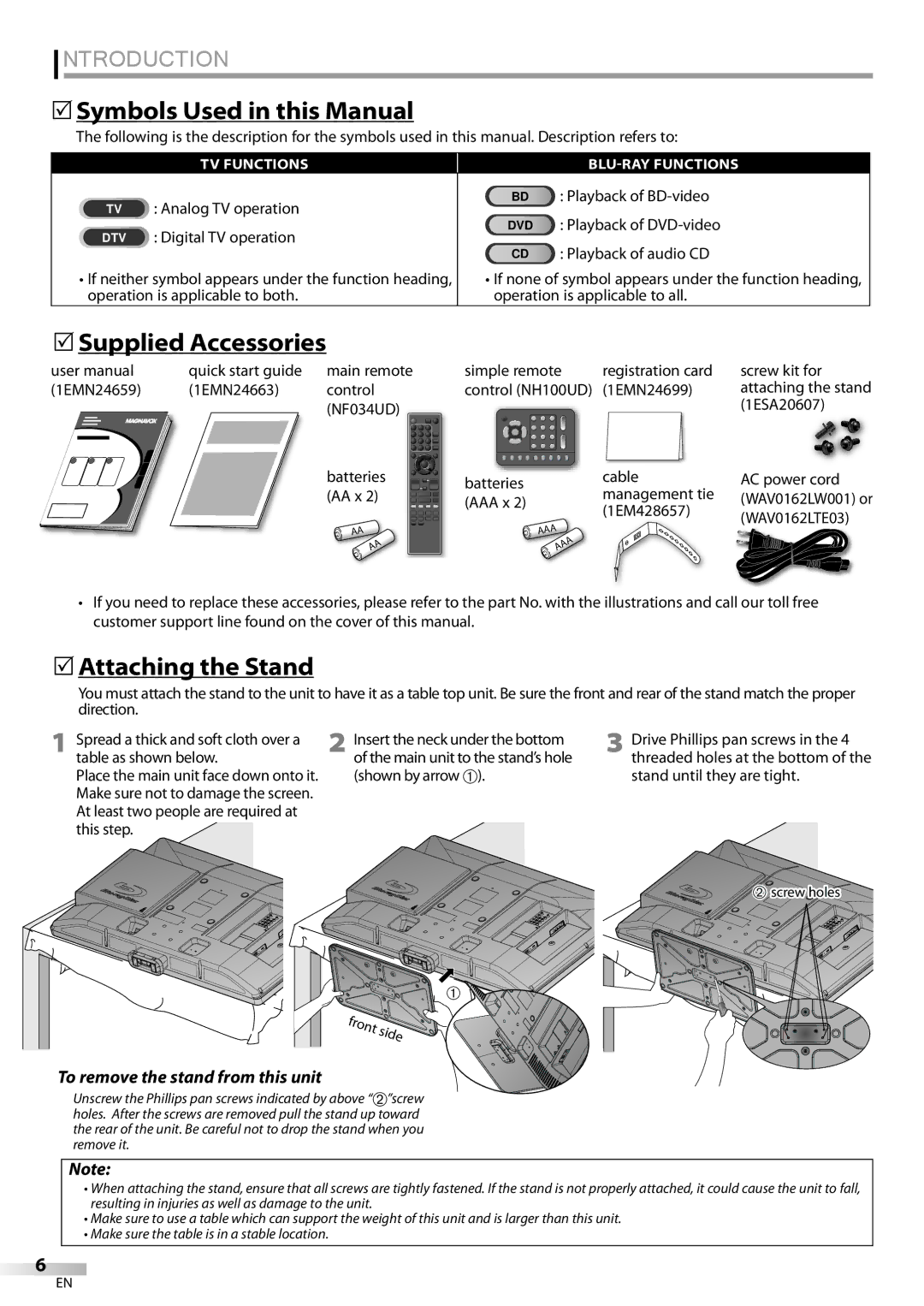 Philips 42MD459B user manual 5Symbols Used in this Manual, 5Supplied Accessories, 5Attaching the Stand 