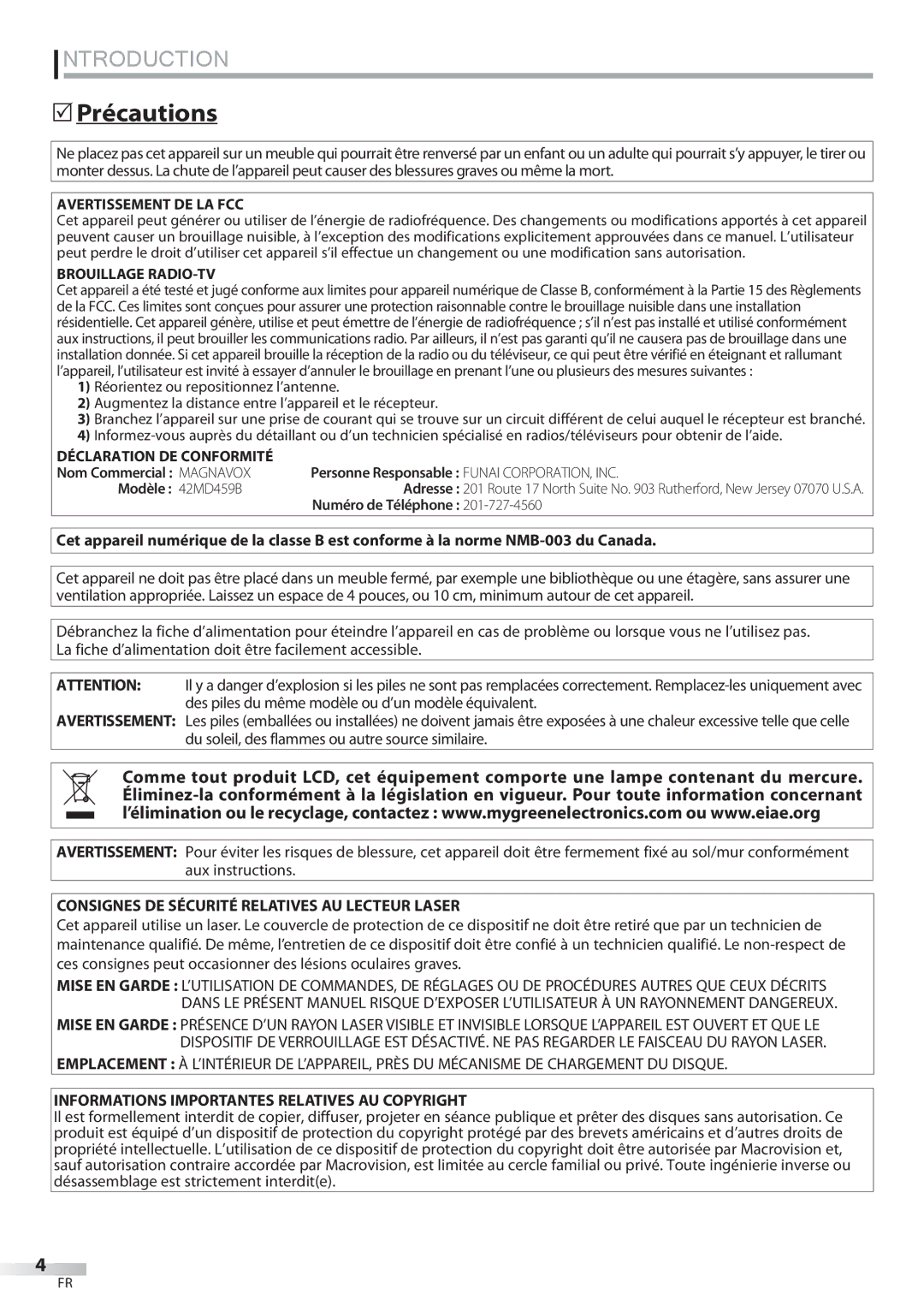 Philips 42MD459B user manual  Précautions, Numéro de Téléphone 