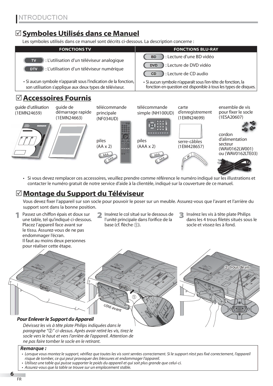 Philips 42MD459B user manual  Symboles Utilisés dans ce Manuel,  Accessoires Fournis,  Montage du Support du Téléviseur 