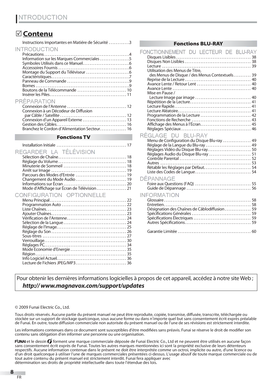 Philips 42MD459B user manual  Contenu, Fonctions BLU-RAY, Fonctions TV, Garantie Limitée 