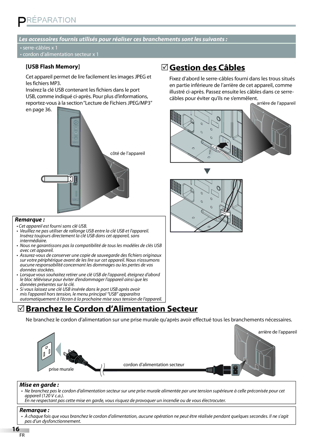 Philips 42MD459B user manual  Gestion des Câbles,  Branchez le Cordon d’Alimentation Secteur, USB Flash Memory 