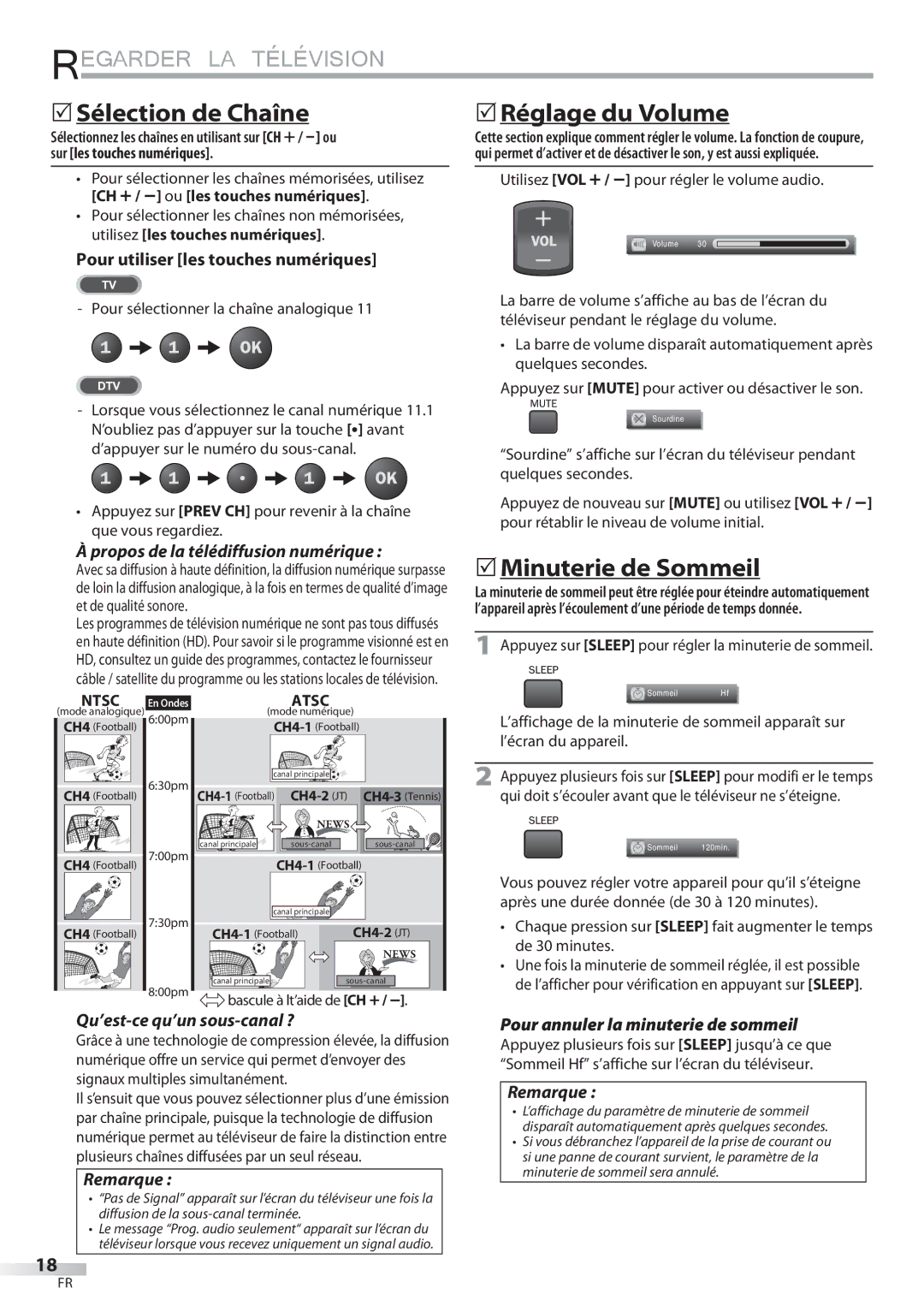 Philips 42MD459B user manual Sélection de Chaîne,  Minuterie de Sommeil, Pour utiliser les touches numériques 