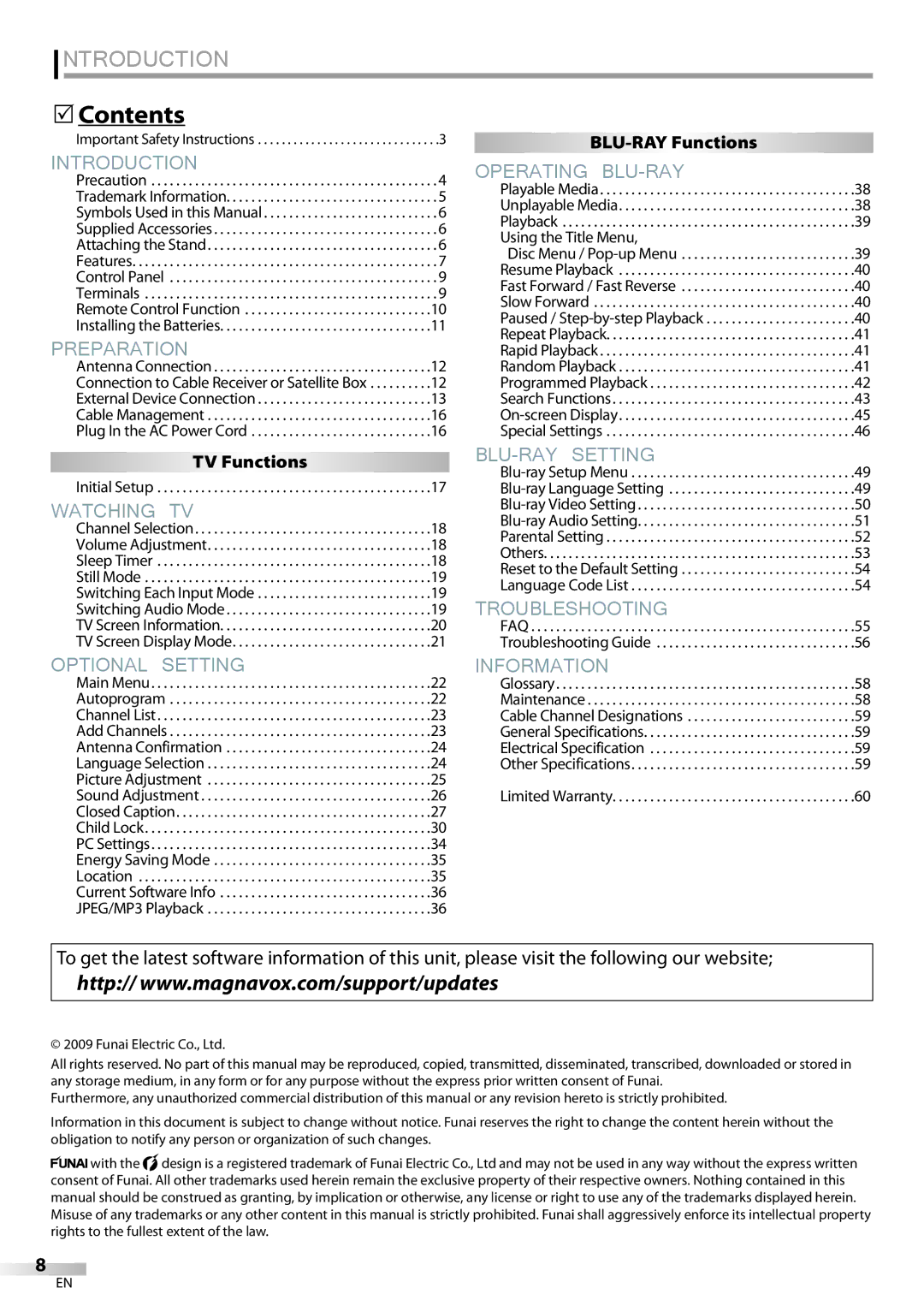 Philips 42MD459B user manual Contents, BLU-RAY Functions, TV Functions, Using the Title Menu 