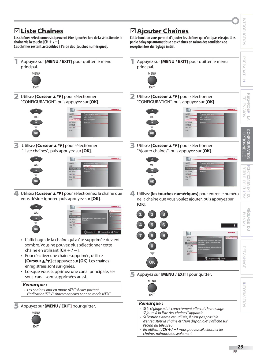 Philips 42MD459B user manual  Liste Chaînes, Ajouter Chaînes, Appuyez sur Menu / Exit pour quitter le menu principal 