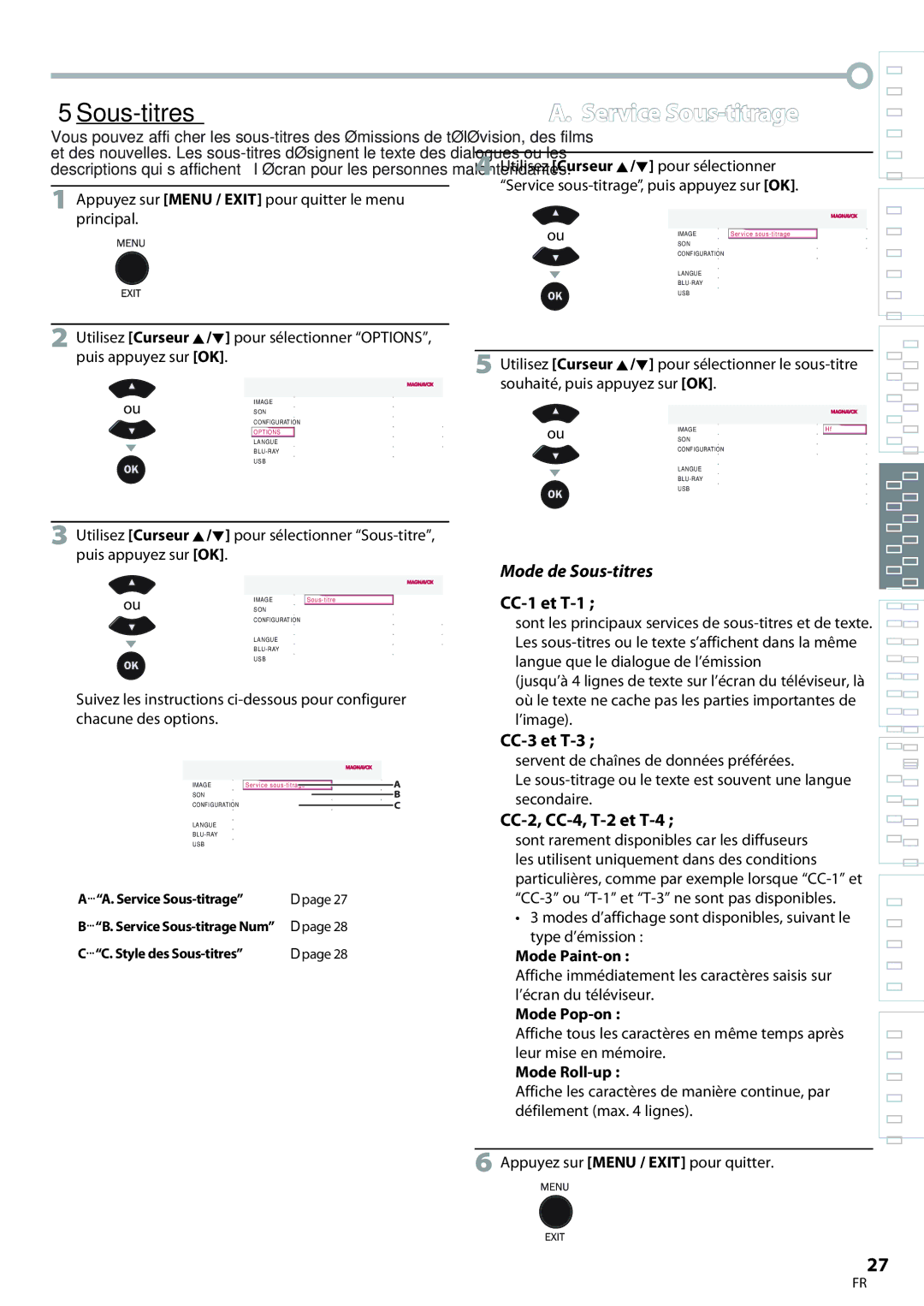 Philips 42MD459B user manual  Sous-titres, CC-1 et T-1, CC-3 et T-3, CC-2, CC-4, T-2 et T-4 