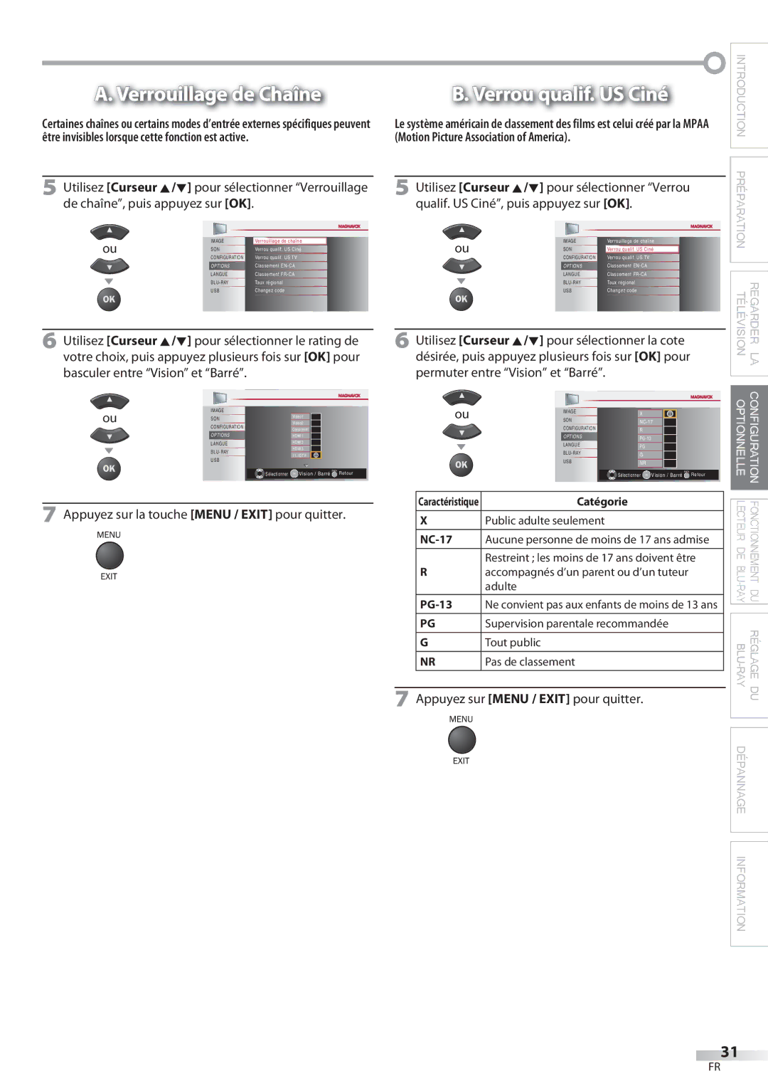 Philips 42MD459B user manual Verrouillage de Chaîne, Verrou qualif. US Ciné, Appuyez sur la touche Menu / Exit pour quitter 