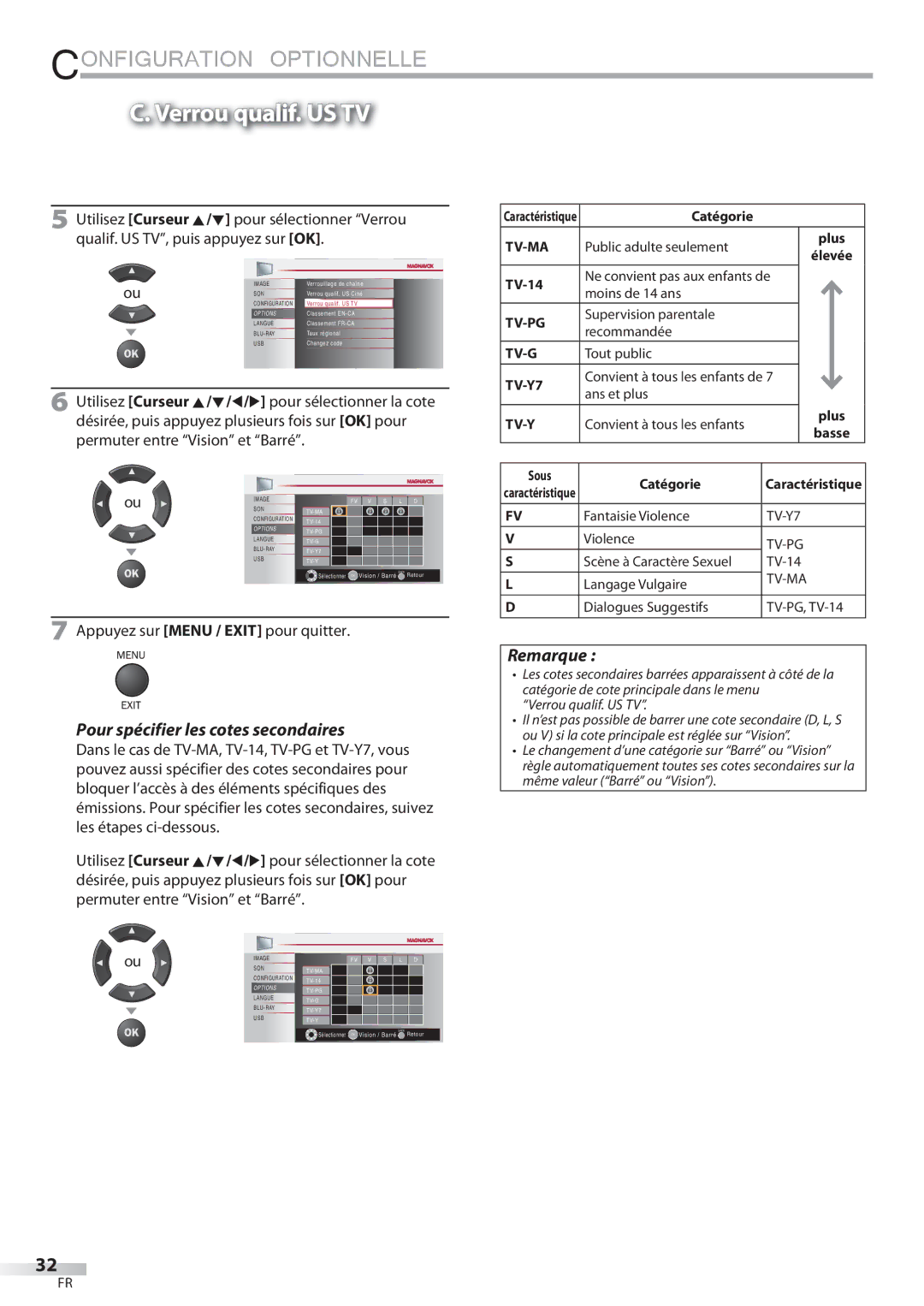 Philips 42MD459B user manual Verrou qualif. US TV, TV-14, Sous Catégorie 