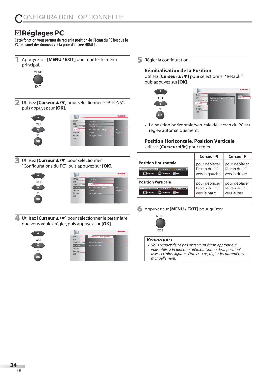 Philips 42MD459B user manual  Réglages PC, Réinitialisation de la Position, Position Horizontale, Position Verticale 