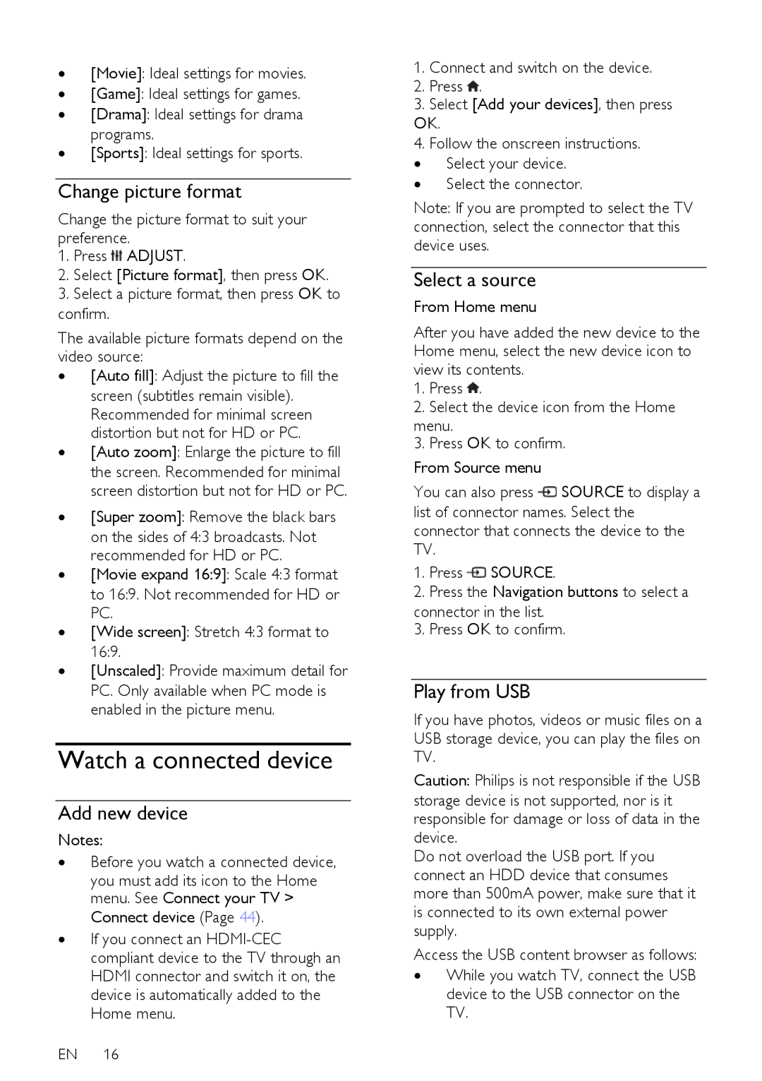 Philips 32PDL7906K Watch a connected device, Change picture format, Add new device, Select a source, Play from USB 